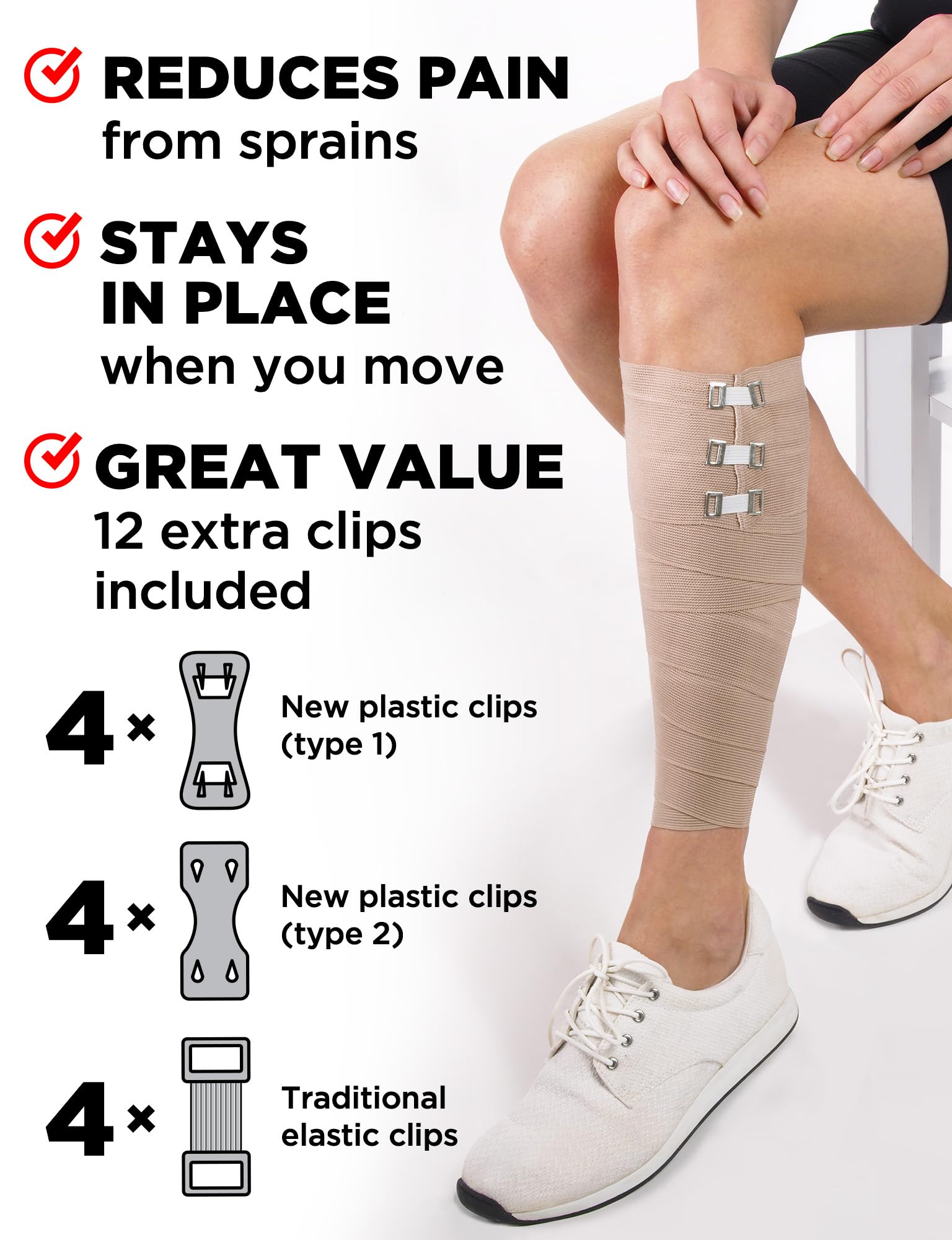 Premium Elastic Bandage Wrap - 4pk (2x3in, 2x4in) + 12 Extra Clips - Strong Compression Bandage Wrap for Leg, Arm, Wrists, Elbow, Ankles, Feet and Knees - for First Aid Kit and After Surgery Recovery — Amazon image 6