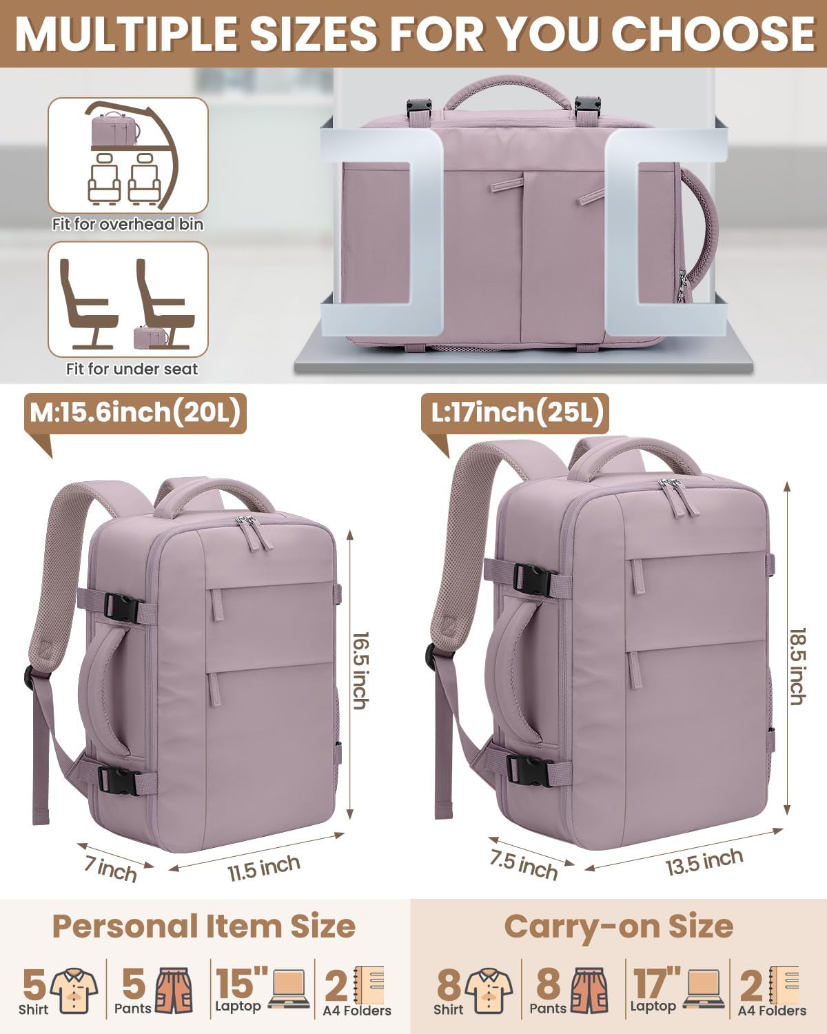 Pritent Travel Backpack for Women Man, Waterproof Laptop Backpack Travel Bag Airline Approved Carry on Weekender Overnight Bag Bookbag for Business,Travel, Work Fits 17.3 inch Laptop(Large,Purple)