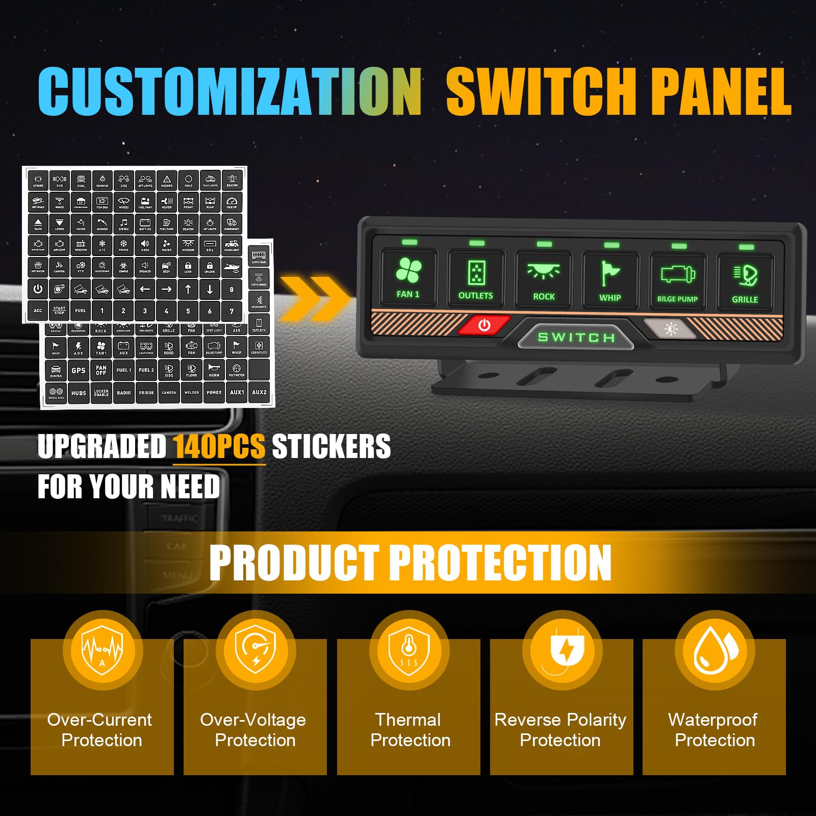 Chelhead 12 V/24 V Pannello di controllo RGB 6 posizioni dimmerabili multifunzione programmabile accessori controllo batteria impermeabile, compatibile con camion, barca, SUV, camper, rimorchio marino