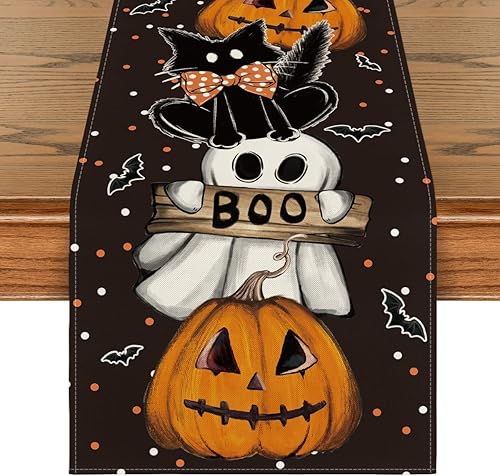 Artoid Mode Camino de mesa de Halloween, diseño de murciélagos, fantasma, calabaza, gato, murciélago, decoración de mesa de comedor para decoración