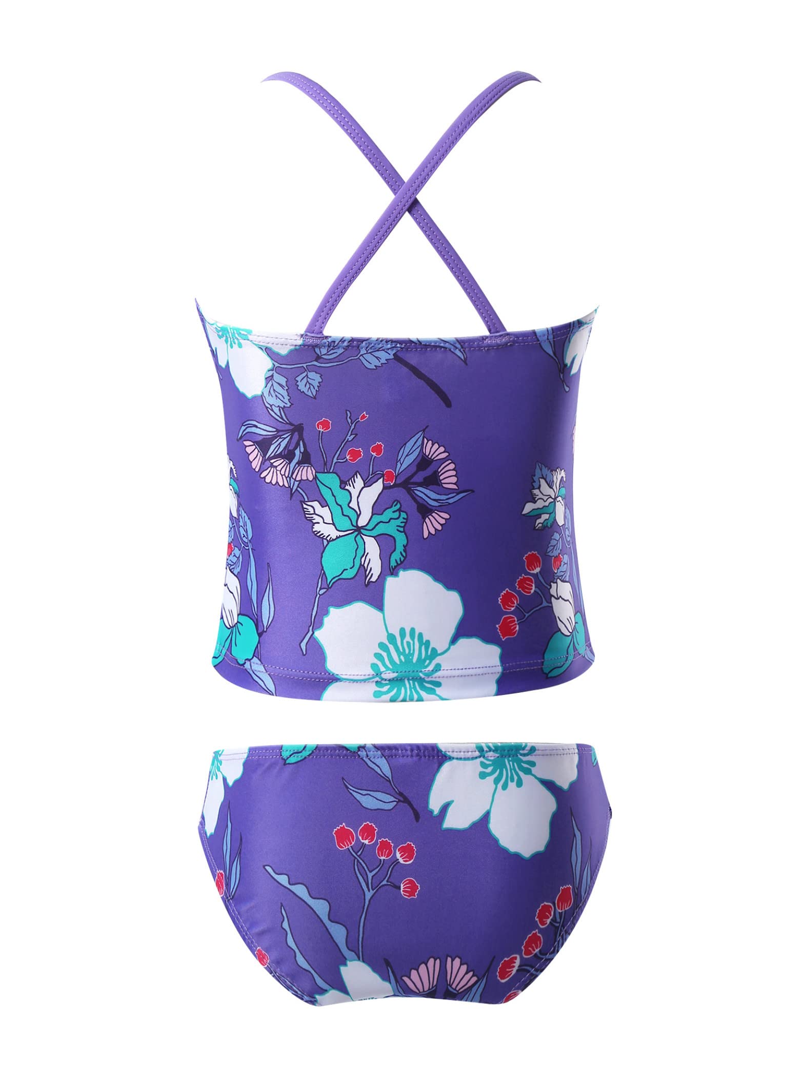 Daenrui Kids Girls 2 Piece Tropical Print Tankini Sets Bathing Suit Spaghetti Strap Ruffles Hawaii Swimsuit Purple 12 Years
