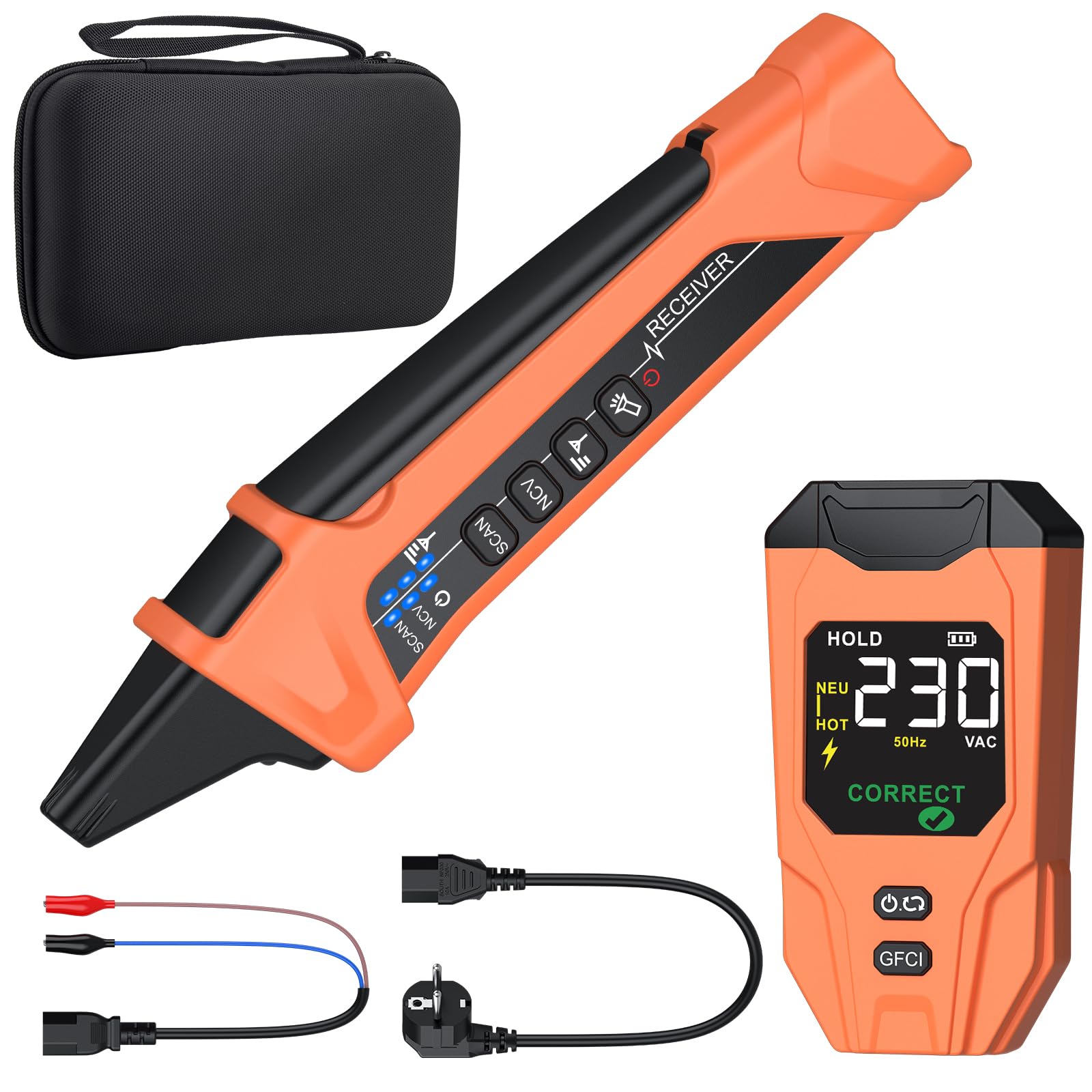 Localisateur de Disjoncteur avec Écran LCD, Testeur de Prise GFCI, Outil de Traçage de Circuits Électriques avec Détection NCV et Lampe Torch–Alimentation par Batterie Lithium(230V)