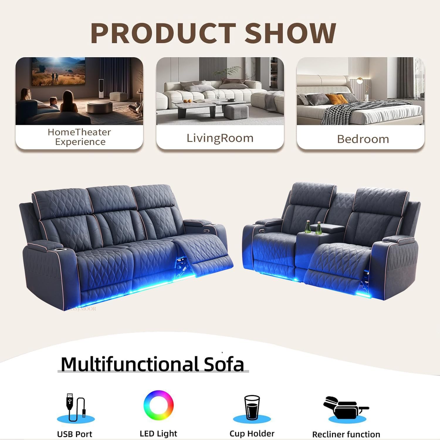 Living Room Furniture Sets with LED Light, Power Recliner Sofa Set, Sandad Leather Sectional Sofa and Loveseat Set, Power Reclining Couch Sets with Storage Console/Cup Holder for House