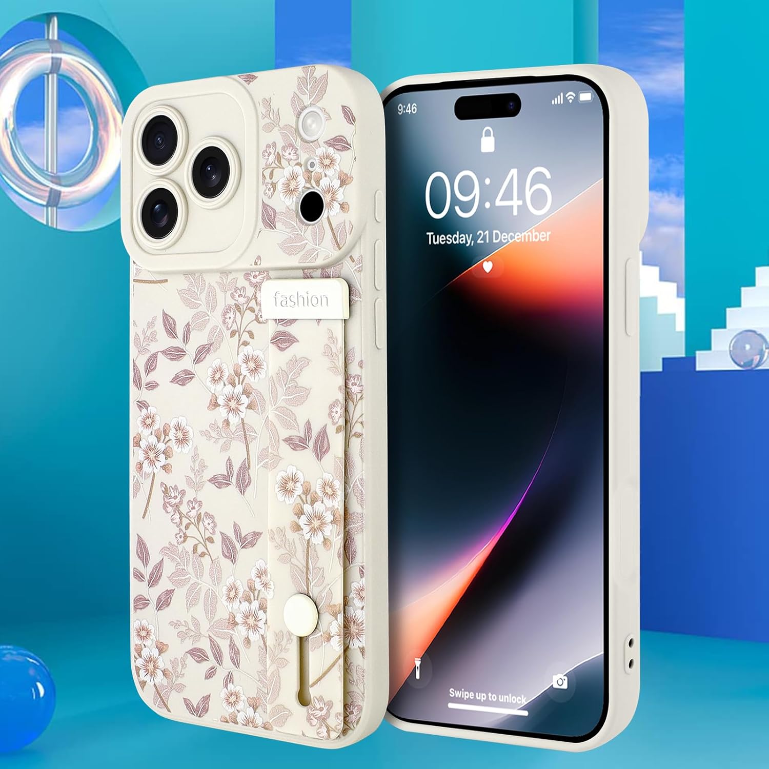 Compatible with iPhone 17 Pro Case for Women Men, Cute Flower Floral Pattern, Built in Adjustable Metal Wrist Strap Grip Hand Holder Kickstand Soft Silicone Cover 6.3 Inch, White - Image 4