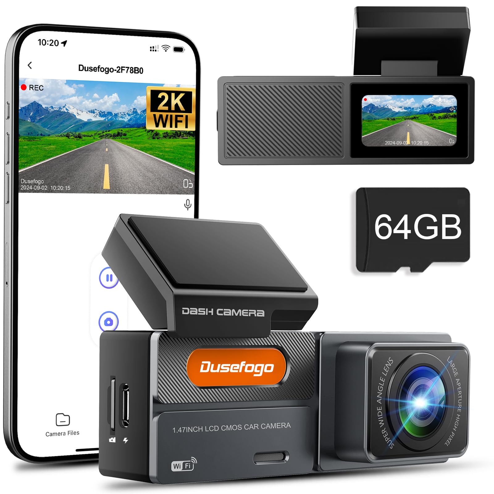 Dash Cam Car Front 2K with WiFi Dashcam Auto with 64GB Card,Super Night Vision,WDR, 170° Wide Angle,G-Sensor, Loop Recording,App Control,IPS Screen,24 Hours Parking Mode and Motion Detection