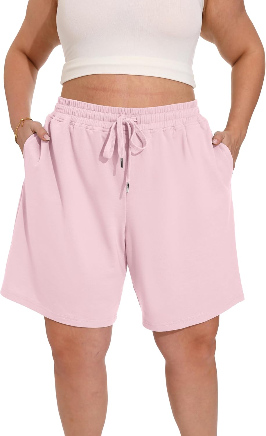 OLRIK Plus Size Bermuda Shorts for Women - 8 Inch Long High Waisted Summer Sweat Shorts Walking Athletic Shorts with Pockets