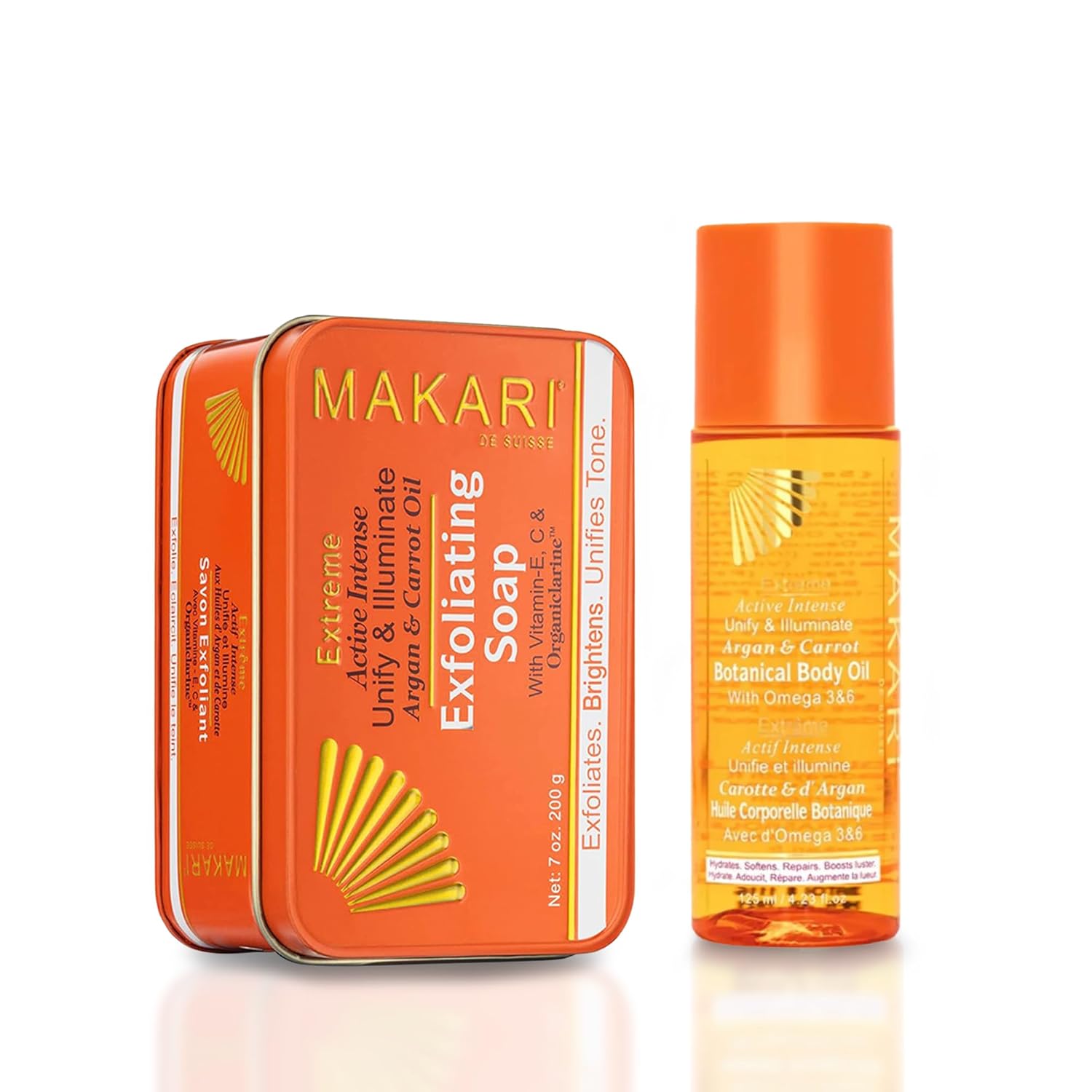 Makari Extreme Active Intense Argan & Carrot Oil Exfoliating Soap and Botanical Body Oil Set | Advanced Brightening & Hydrating Duo | Fades Marks, Blemishes & Enhances Skin Radiance | For All Skin Typ