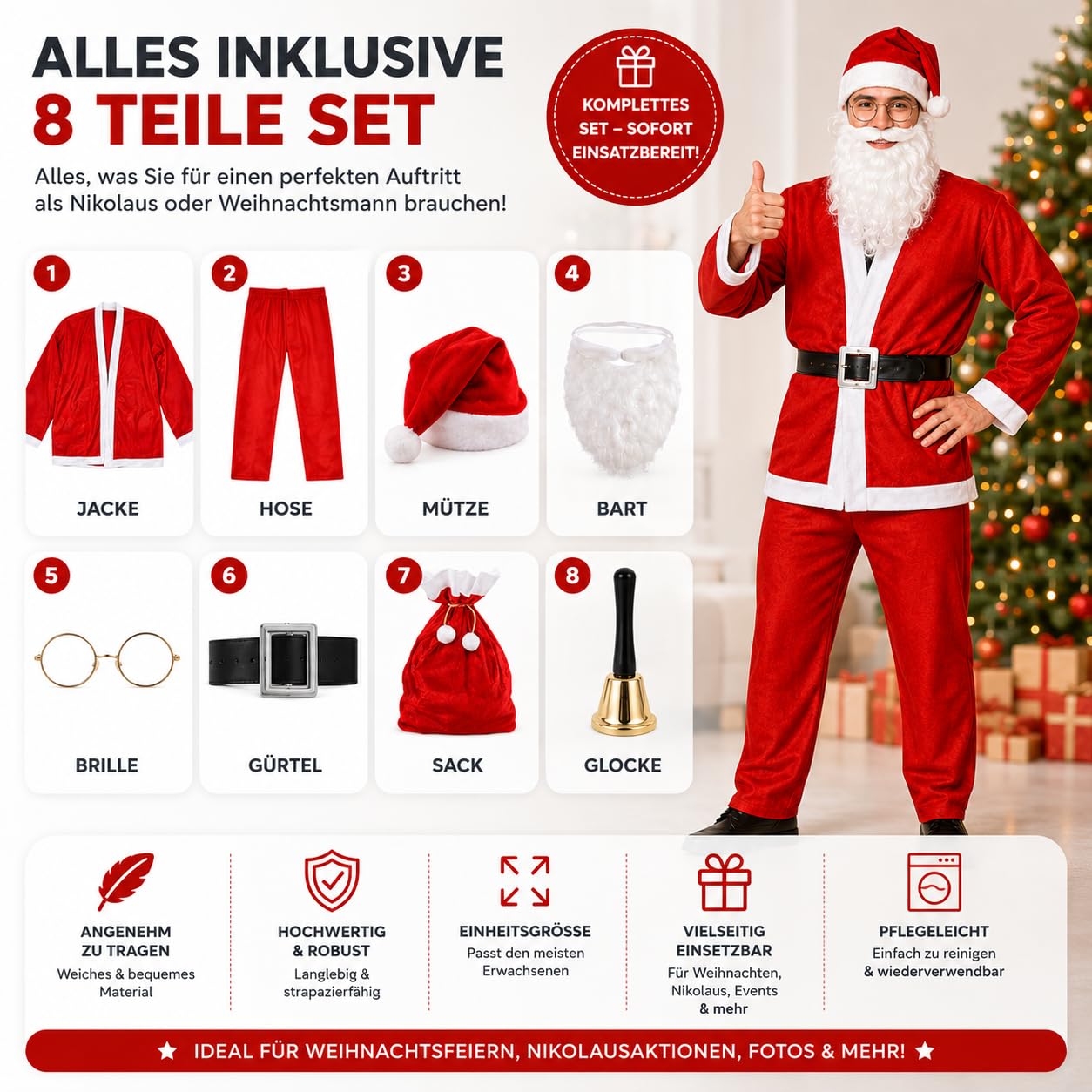 FASCHINFEVER 8 in 1 Set Santa Claus - Weihnachtsmannkostüm & Nikolauskostüm - für Weihnachten - Kostüm für Nikolaus - Weihnachtsmann - Herren & Erwachsene