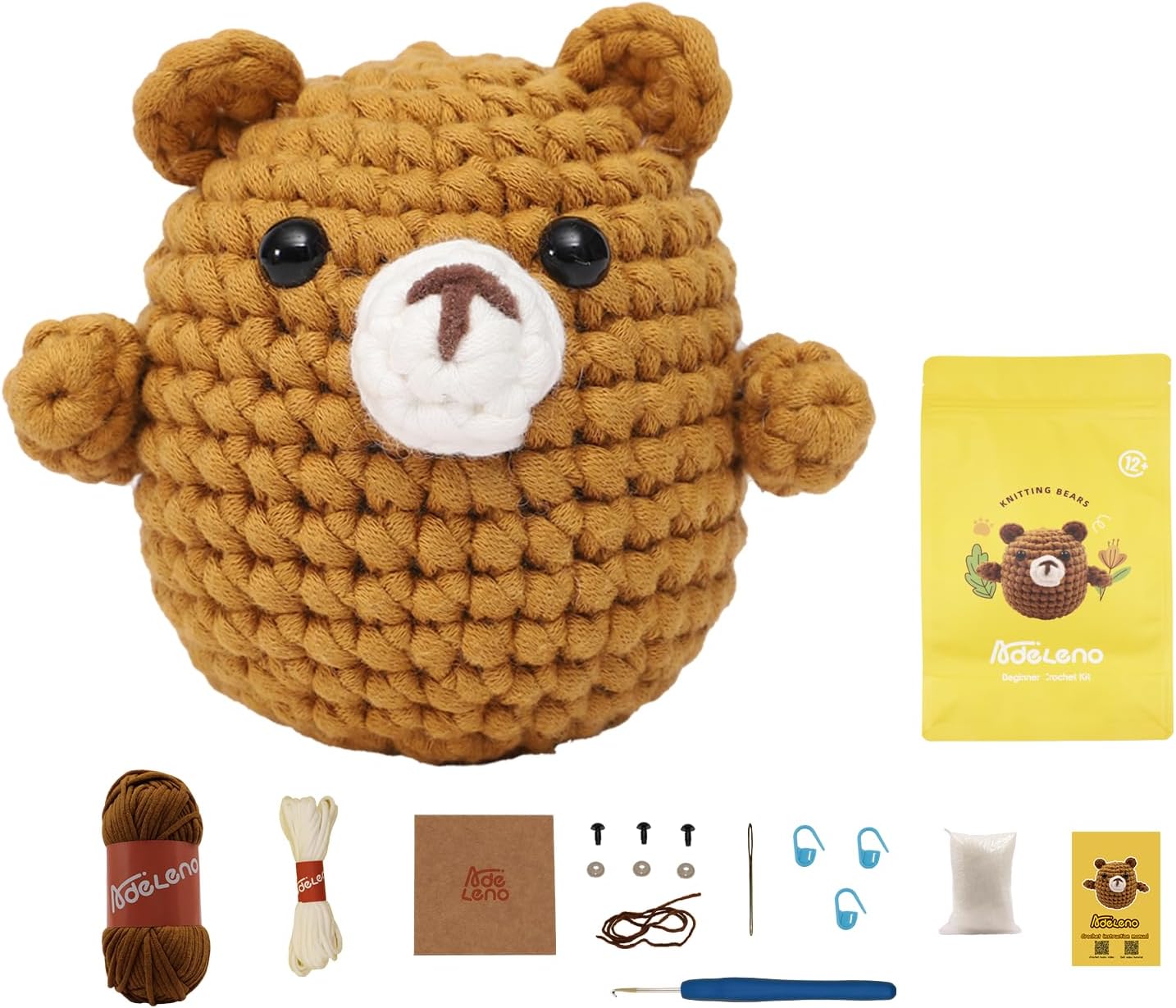 Adeleno Crochet Kit for Beginner, Crochet Starter Kit with Step-by-Step Video Tutorial,Beginner Crochet Kits for Adult Kid,Crochet Kit for Beginners, Bear 1-Pack. (40%+Yarn)