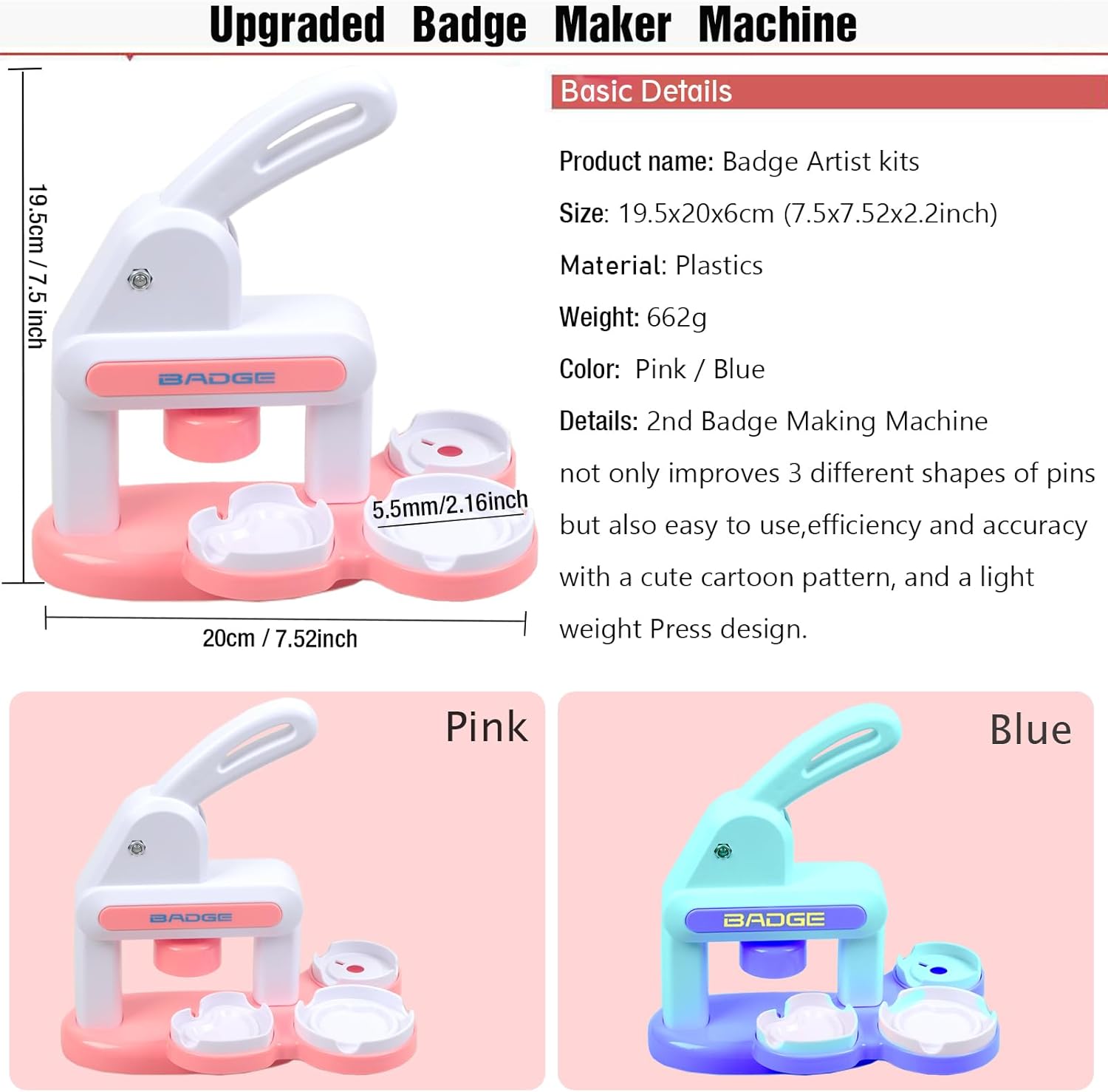3-In-1 Badge Maker Machine,Upgrade No Assembly Required Button Maker Artist with 86 Sets Parts,DIY Pin Maker Press Machine Badge Punch Kit Present for Kids and Adults,Blue (Multiple Sizes Supported)