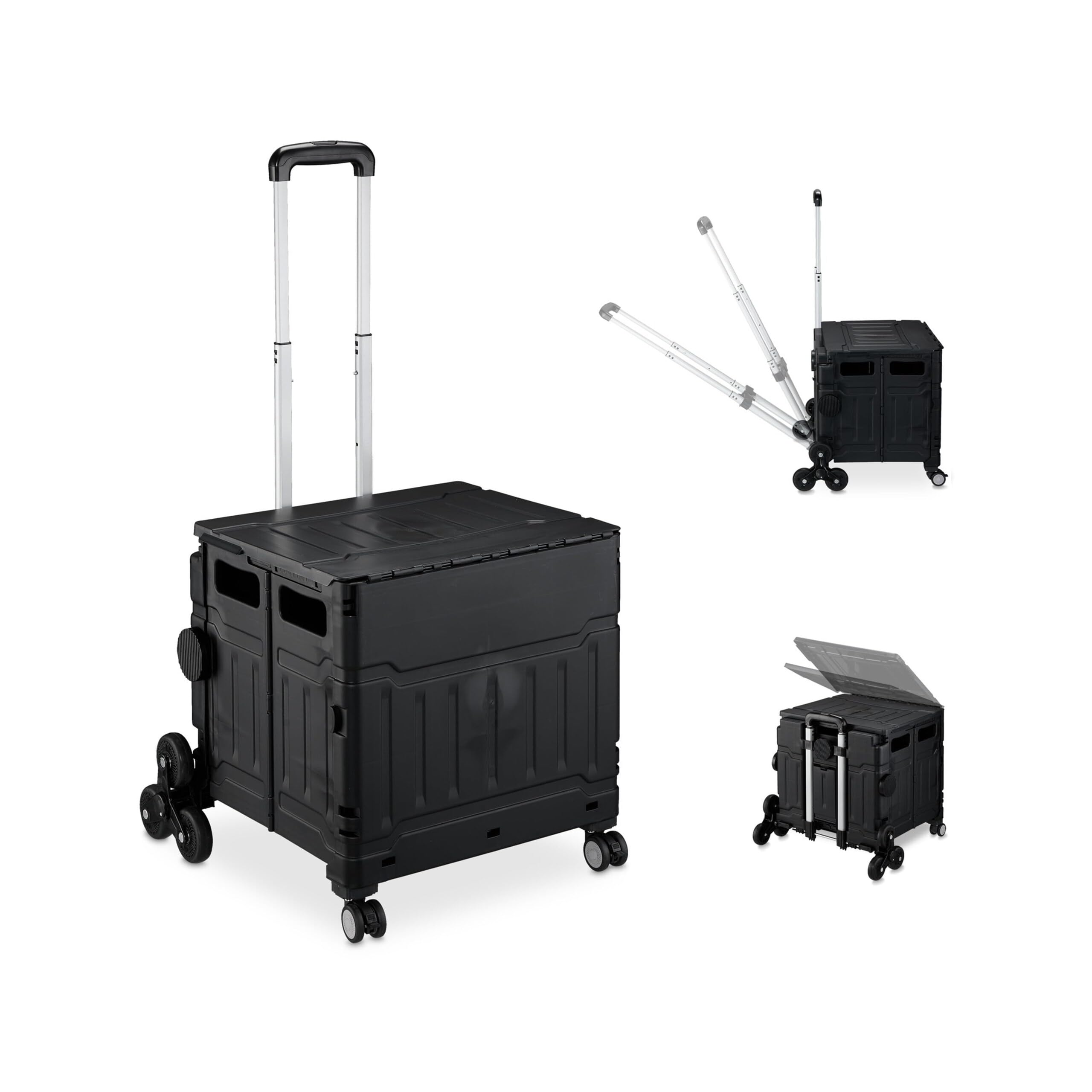 Relaxdays Carrello per Spesa Montascale, 50 kg Carico, Manico e Coperchio, Carrellino Trolley Portaspesa, Nero