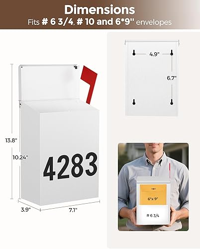 Miniatura 95 de LAND·VOI Buzón de pared con un kit de bandera y tres juegos de calcomanías de números de buzón de 0 a 9, buzones para exterior, buzón de metal Negro