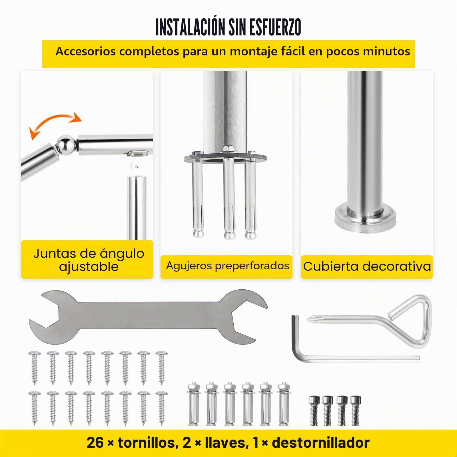 Happybuy Pasamanos Escalera de Acero Inoxidable 304 Barandilla Escalera de 4 a 5 Pasamanos para Escaleras de Color Plata Pasamanos de Pared Ángulo Ajustable 0-60° Montaje en Pared Capacidad de 100 kg
