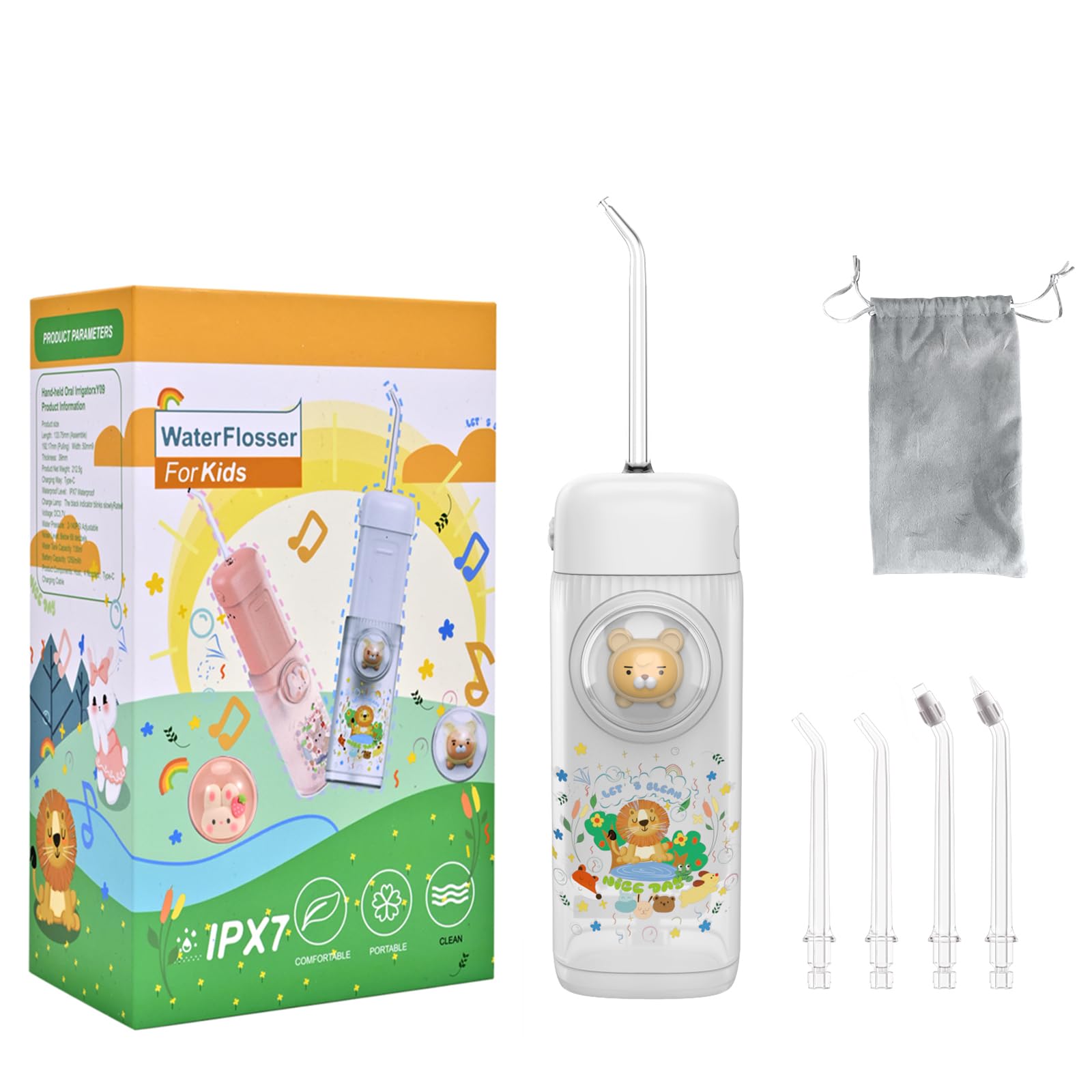 Kids Water Flosser,3 Modes Cordless Portable Water Teeth Cleaner,4 Replaceable Nozzles,IPX7 Waterproof Oral Irrigator Rechargeable,Professional Flossing Cleaning Picks for Home Travel (White)