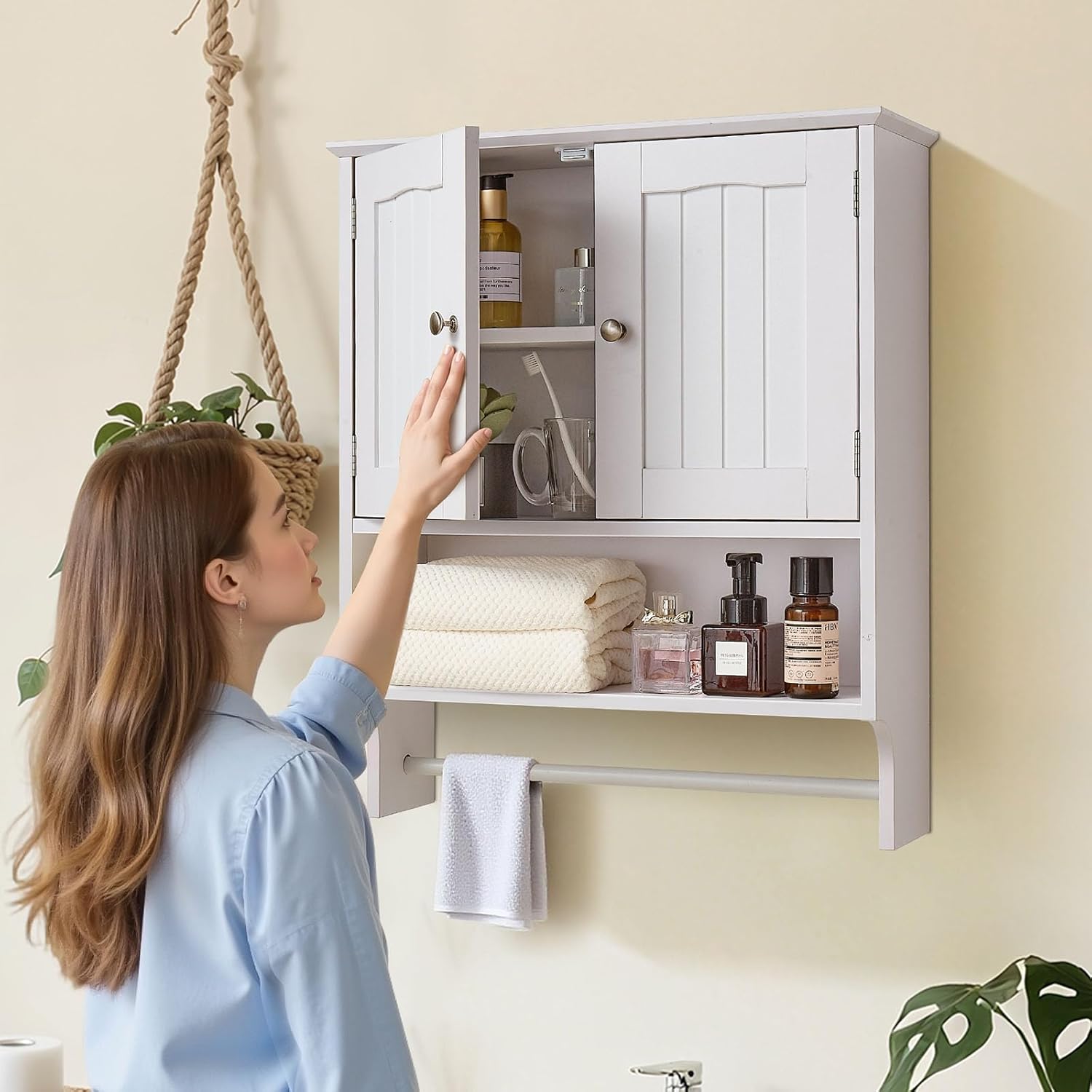 VEVOR Bathroom Wall Cabinet, 23" W x 27" H Storage Medicine Cabinet Wall Mounted, Hanging Organizer with Open Partition and Towel Bar for Laundry Room Kitchen, White