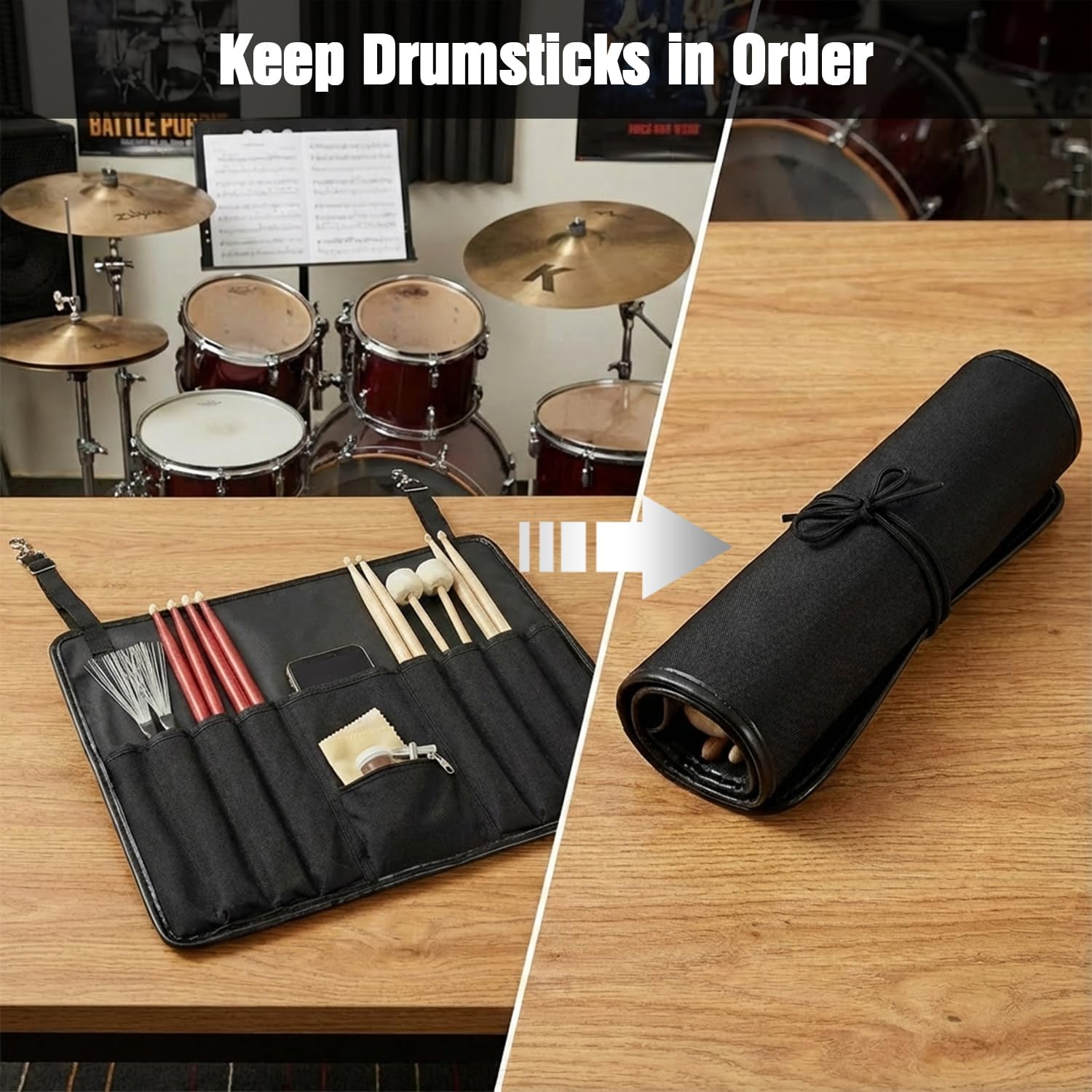 Drum Stick Bag and Holder, Crossbody Shoulder Strap Portable Drumstick Bag 1 Storage Bags and 1 Holder Kit Gifts for Drummers, Beginners, Black