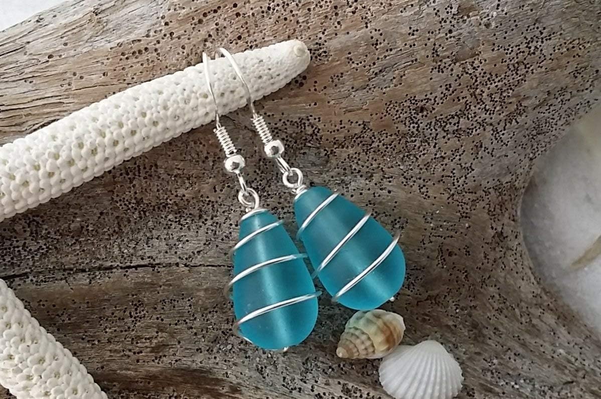 Handmade Sea Glass Earrings, Hawaiian Jewelry, Wire Turquoise Blue Earrings Teardrop Sea Glass Jewelry For Women Birthday Gift For Women (December Birthstone Jewerly)