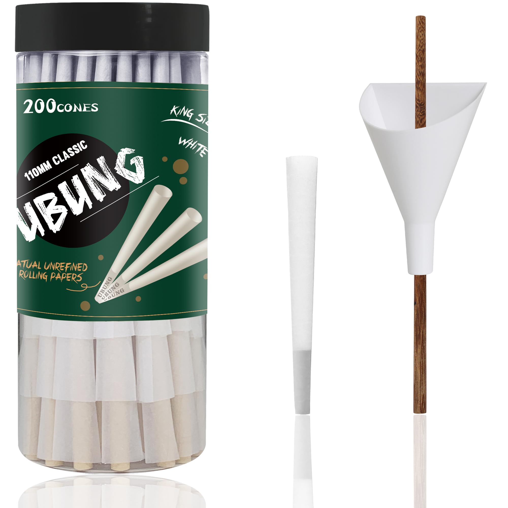 UBUNG White Cone 200 Pack - King Size Pre Rolled Cones with Tips, Slow Type Rolling Paper, Includes Funnel Loader and Push Rod