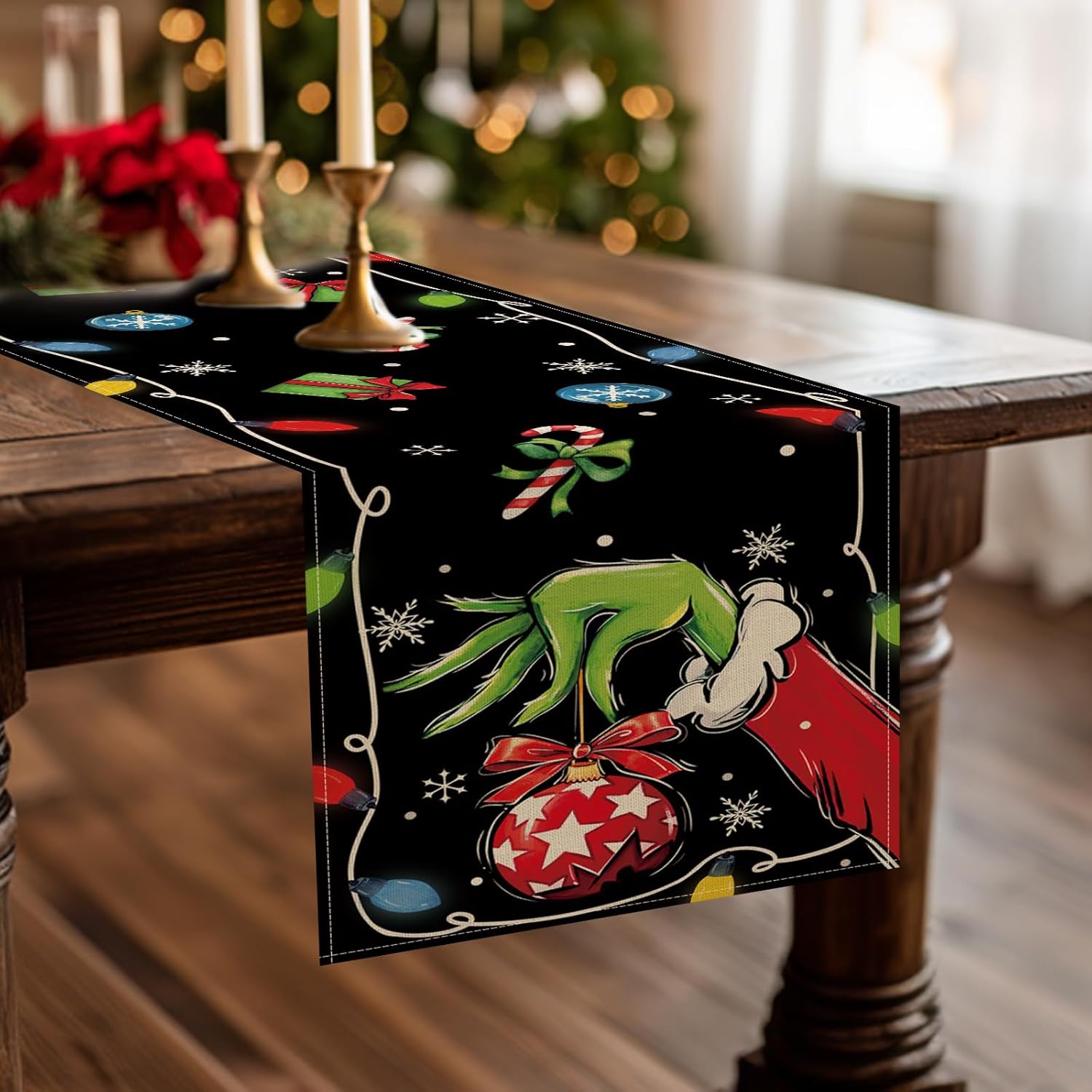 Black Christmas Dining Table Runner, Funny Xmas Gift Ball Candy Cane Snowflake Burlap Kitchen Decor, Winter Holiday Home Decoration Indoor Outdoor Party Supply 13 x 72 Inches