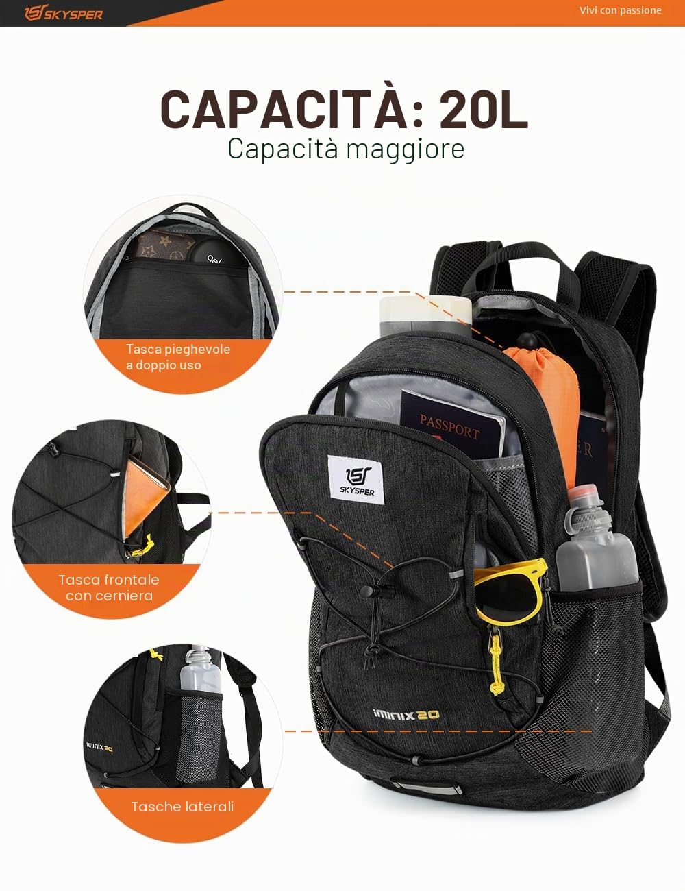 SKYSPER Zaino Leggero Pieghevole 20L, Zainetto Piccolo Uomo Donna con Cintura Pettorale Zaino da Hiking per Viaggio Escursione