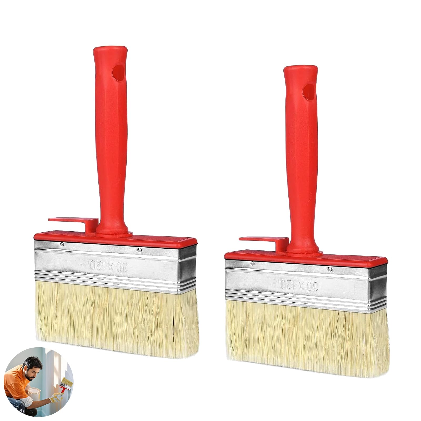 2 PCS Fence Paint Brush, Pasting Brush, Masonry Paint Brush, Fence Block Brush Set, for Painting Shed, Fence, Decking and Exterior Walls(Red)