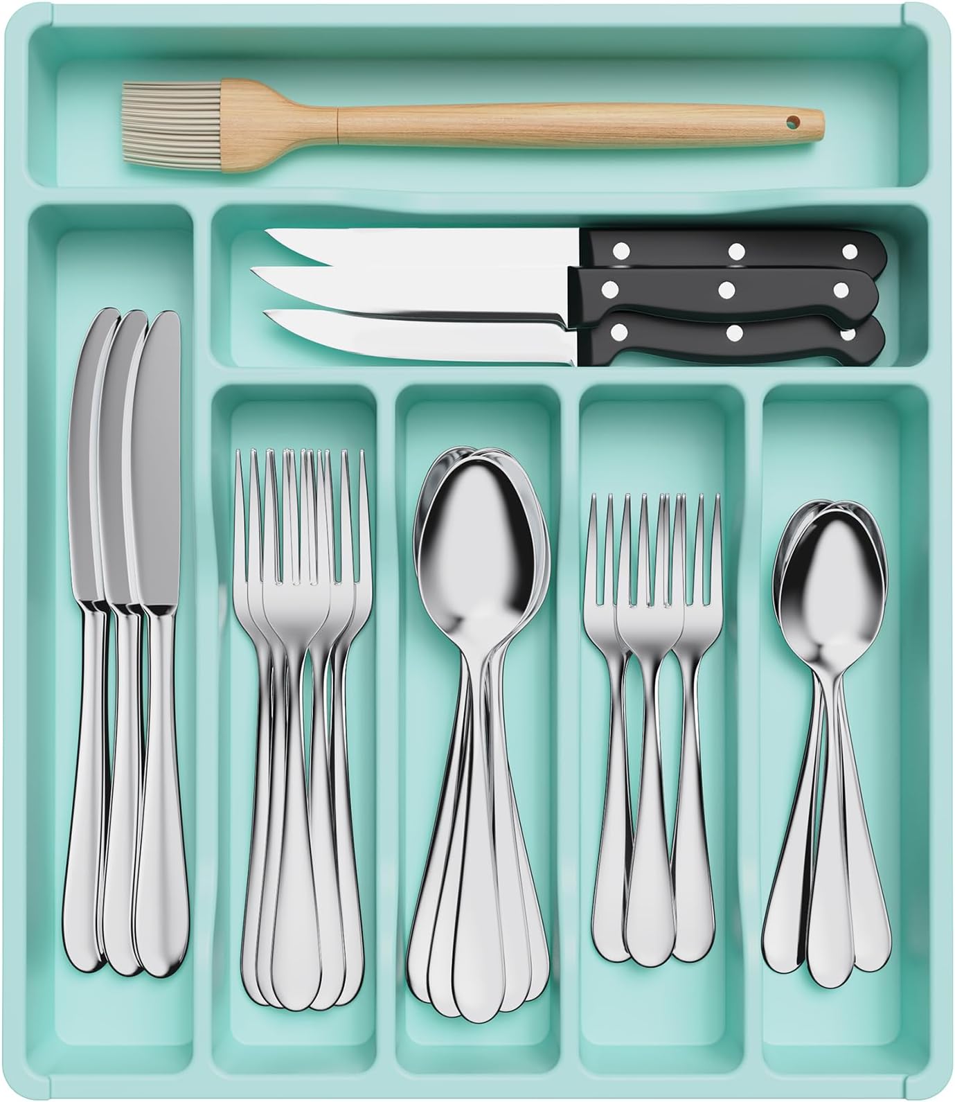 Lifewit Silverware Drawer Organizer Tray, Plastic Cutlery Storage for Kitchen Drawer, Flatware and Utensil Holder Divider for Spoons Forks Knives Tableware, 7 Compartment, Turquoise