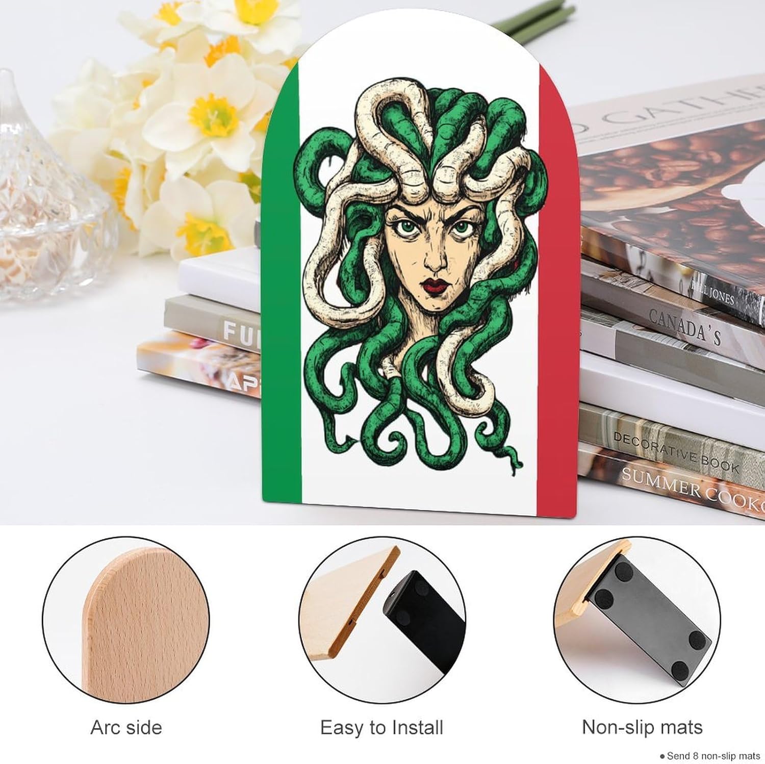 Medusa Italy Flag Cute Wood Book Ends Decorative Bookends 1 Pair Non-Skid for Shelves Home Office 7 X 5 Inch