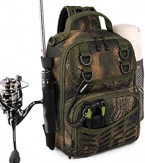 Fishing Sling Tackle Bag, Water-Resistant Lightweight Fishing Backpack with Rod Holder, Adjustable Crossbody Shoulder Bag for Bass Trout Kayak Bank Fishing- Camouflage