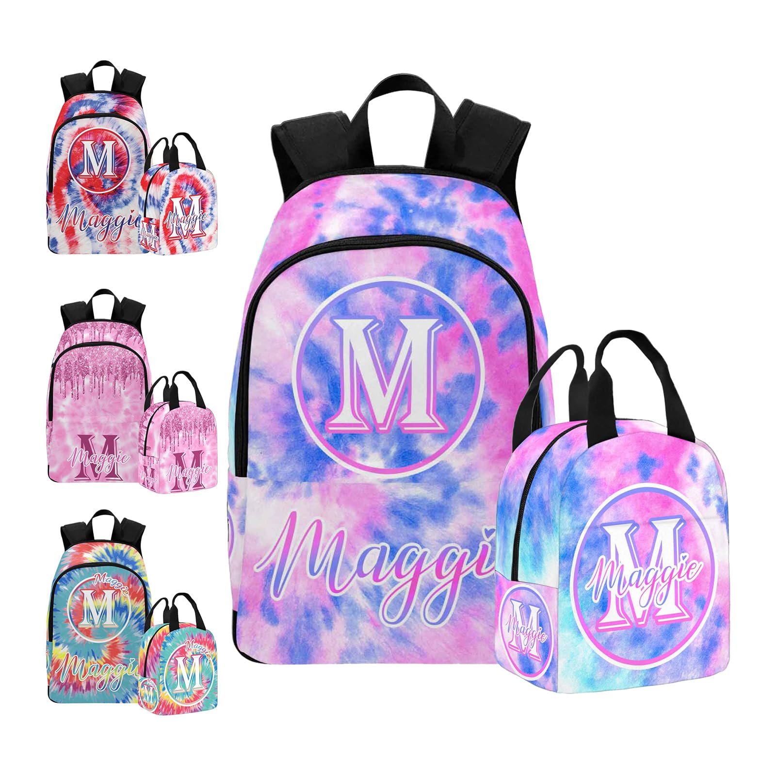 InterestPrint Custom Girls Backpack Lunch Bag Set, Customized Tie Dye Bookbag Lunch Box for Kids Personalized Name Shoulder Bag Daypack for Niece