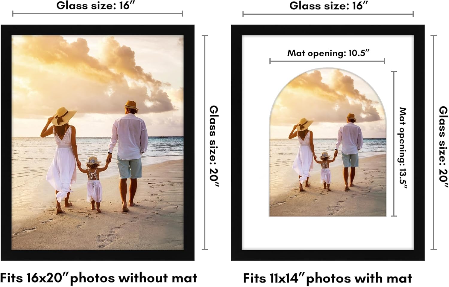 Americanflat 16x20 Picture Frame with Arch-Shaped Mat - Use as 11x14 Frame with Mat or Display 16x20 Photo Without Mat - Epic Collection - Wide Photo Frames for Wall display with Plexiglass - Black