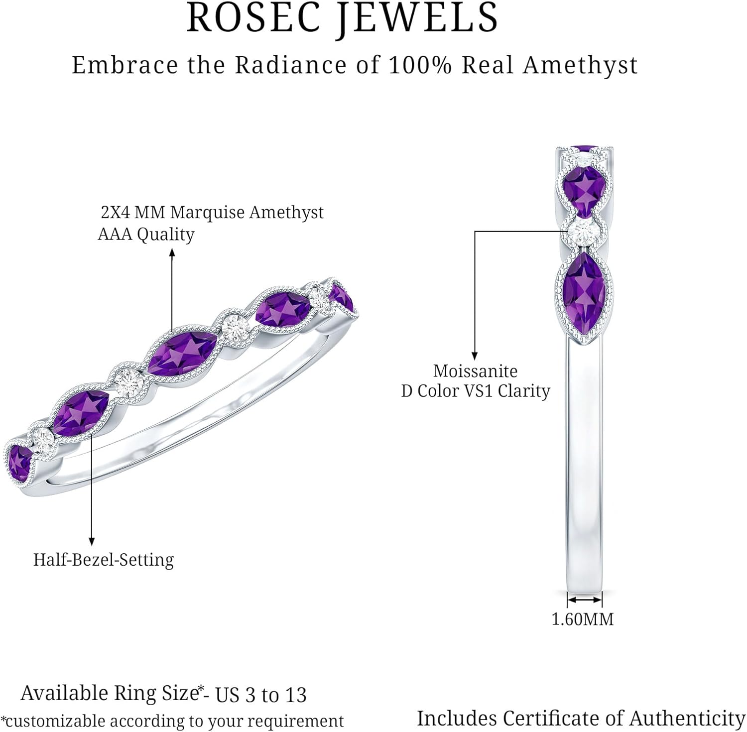 Natural Amethyst Wedding Band in Silver, Aaa Quality, Certified Amethyst Marriage Anniversary Ring (Ideal For Gift)