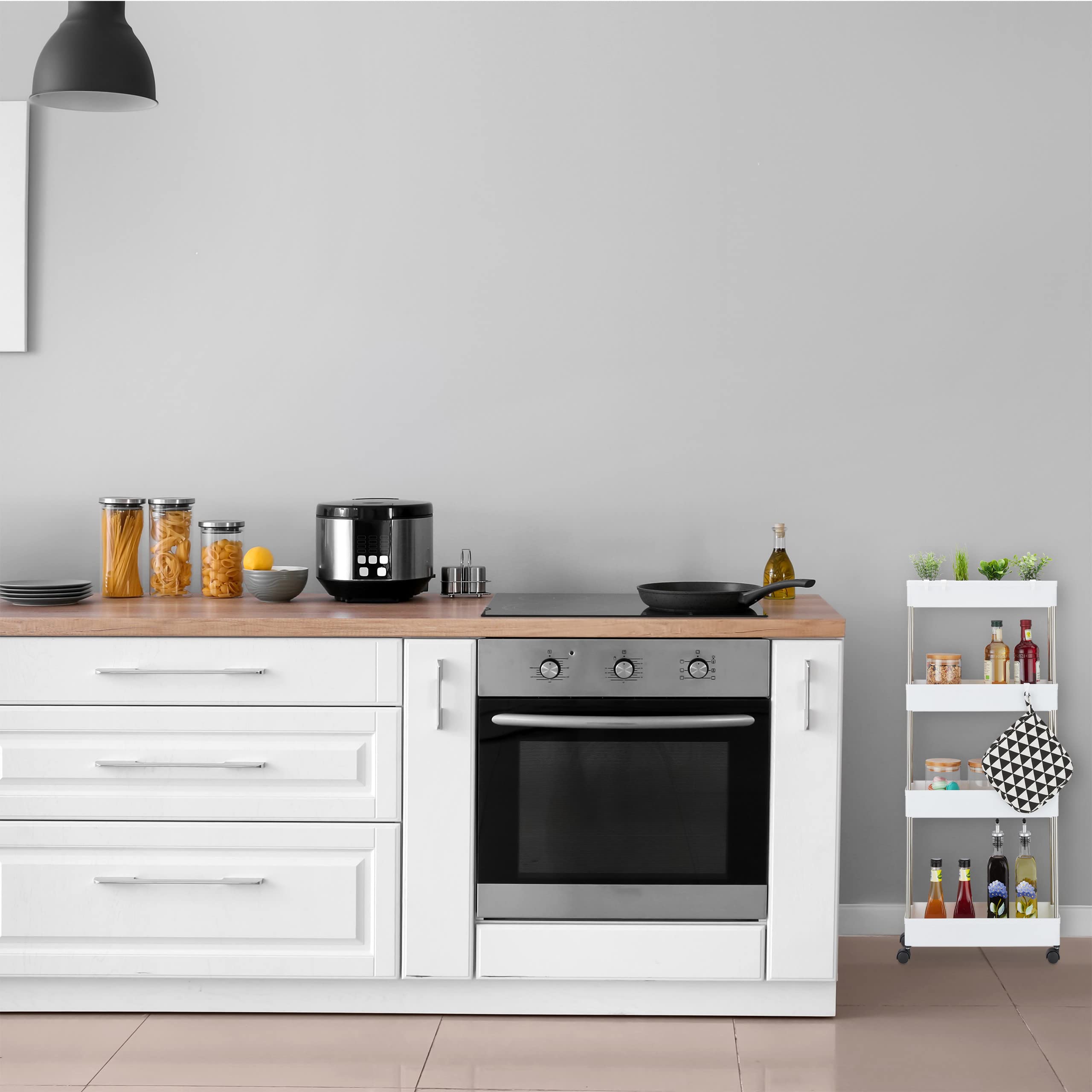 Relaxdays Mobiletto Salvaspazio, HLP: 98x15,5x40,5 cm, 4 Ripiani, Ganci, Carrello da Bagno e Cucina, Plastica, Bianco