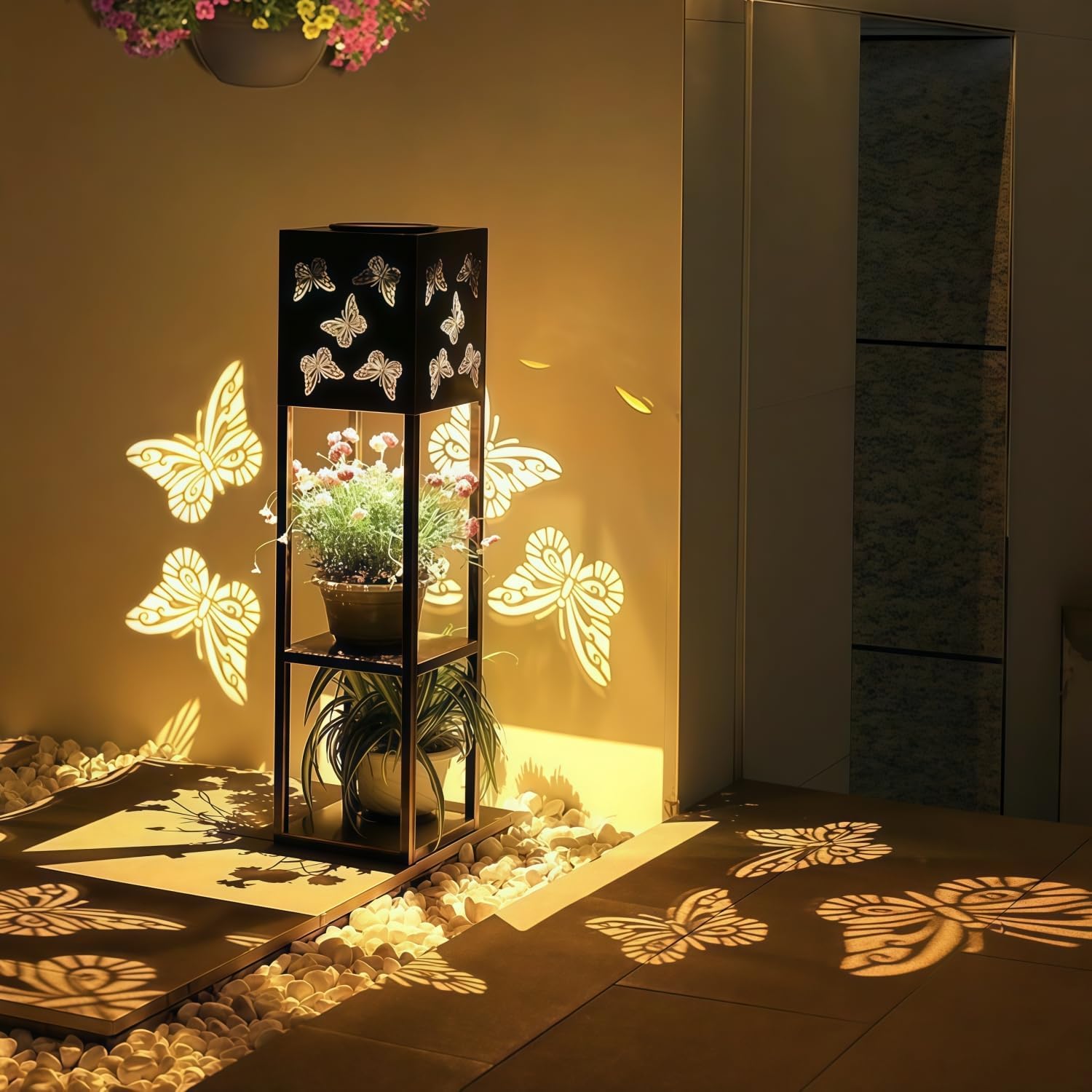 Kavie Solar Butterfly Projection Floor Lamp with Flower Stand, Outdoor Waterproof Stainless Steel Path Light, 2-Tier Plant Holder for Garden (Butterfly,7.9" L*7.9" W*31.7" H)