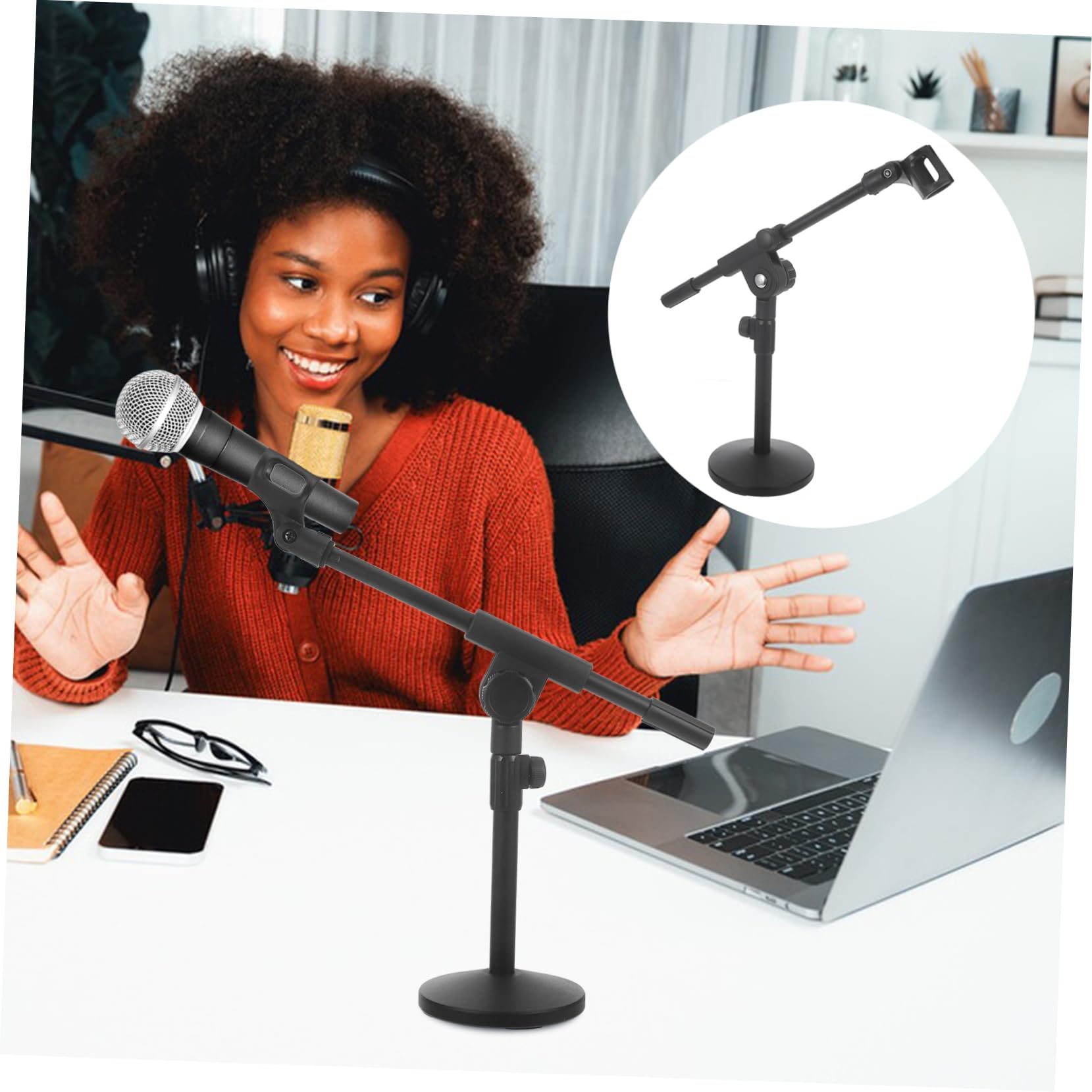 Mikinona Supporto Compatto e Facile da Usare per Microfono da Tavolo in Ferro Nero e Braccio Regolabile con Base Rotonda Pesante per Podcast e Videoconferenze