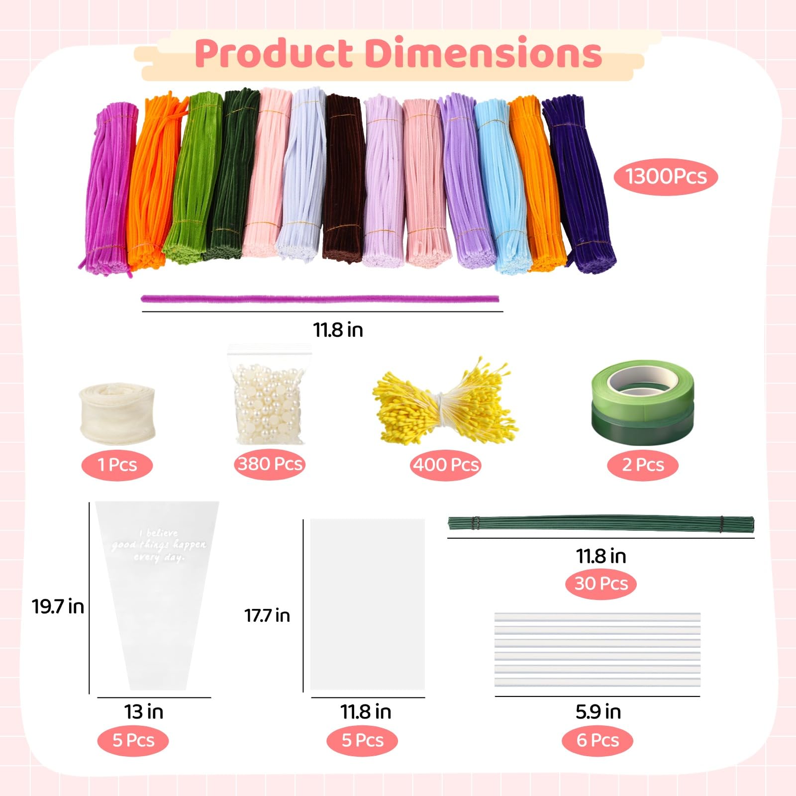 Selvotran Lot de 1300 cure-pipes, tiges chenille en 13 couleurs, 30 tiges florales, 2 rouleaux de ruban floral, autocollants perles et étamines, tiges pliables de 11,8 in pour projets DIY