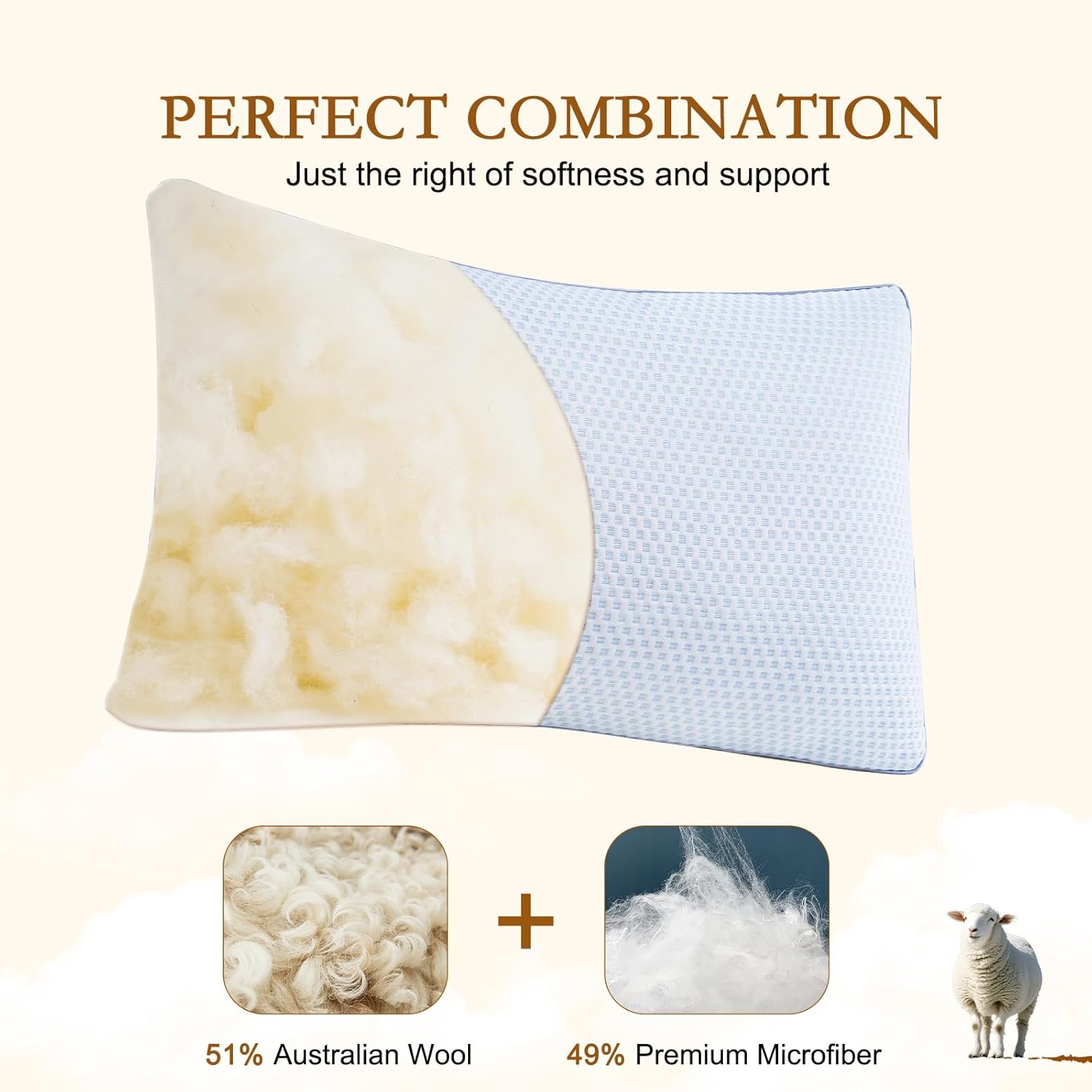 YOUR MOON Flat Wool Pillow Queen Size Set of 2, Ultra Thin Cooling Pillow for Hot Sleepers, Slim Support Pillows for Sleeping, Natural Wool & Microfiber Fill, Ultra Cold Breathable Cover (Blue) - Image 3