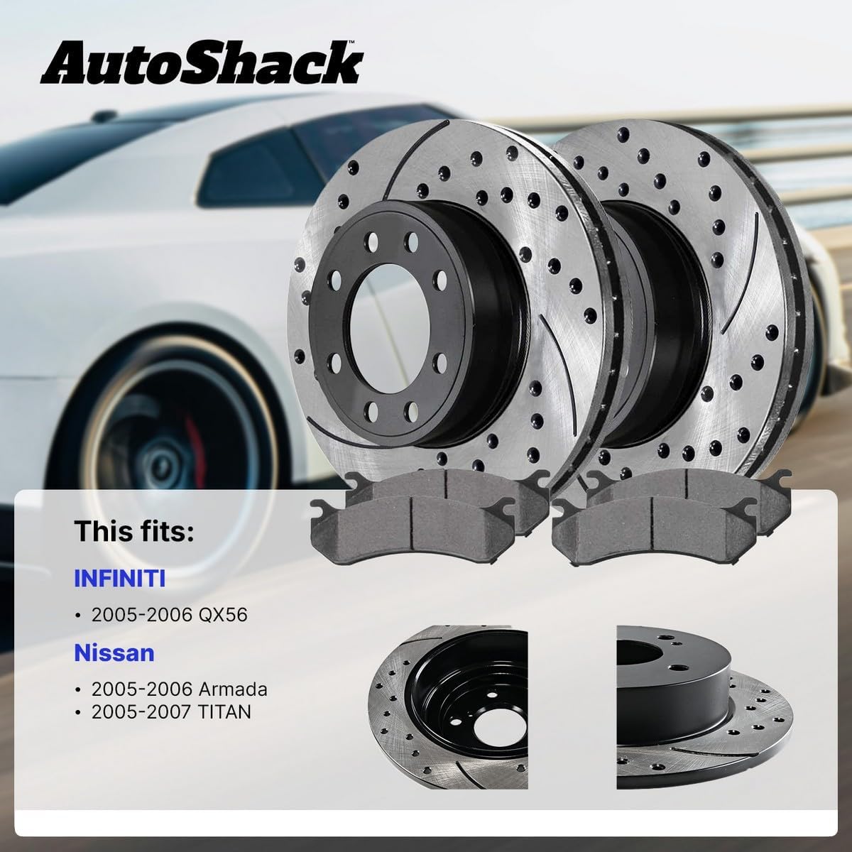 AutoShack Front Vented Drilled & Slotted E-Coated Brake Rotors + Ceramic Pads 6-PC Brake Kit Replacement for 2005-2007 Nissan TITAN 2005-2006 INFINITI QX56 ShadowGuard 12.6" (320 mm)