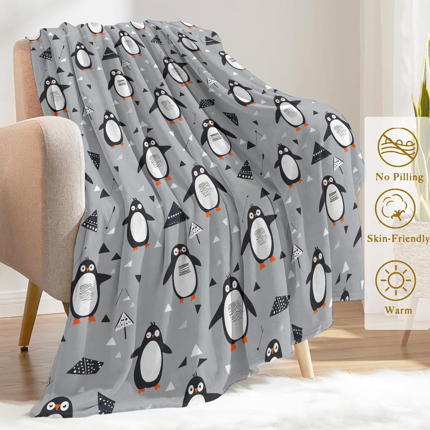 Cartoon Penguin Throw Blanket- Ultra Soft, Fleece, Lightweight,Black and White Cute Animal on a Grey Blankets, for Couch Room Bedroom Modern Decor, Gifts for Kids Boys Girls 50x60in