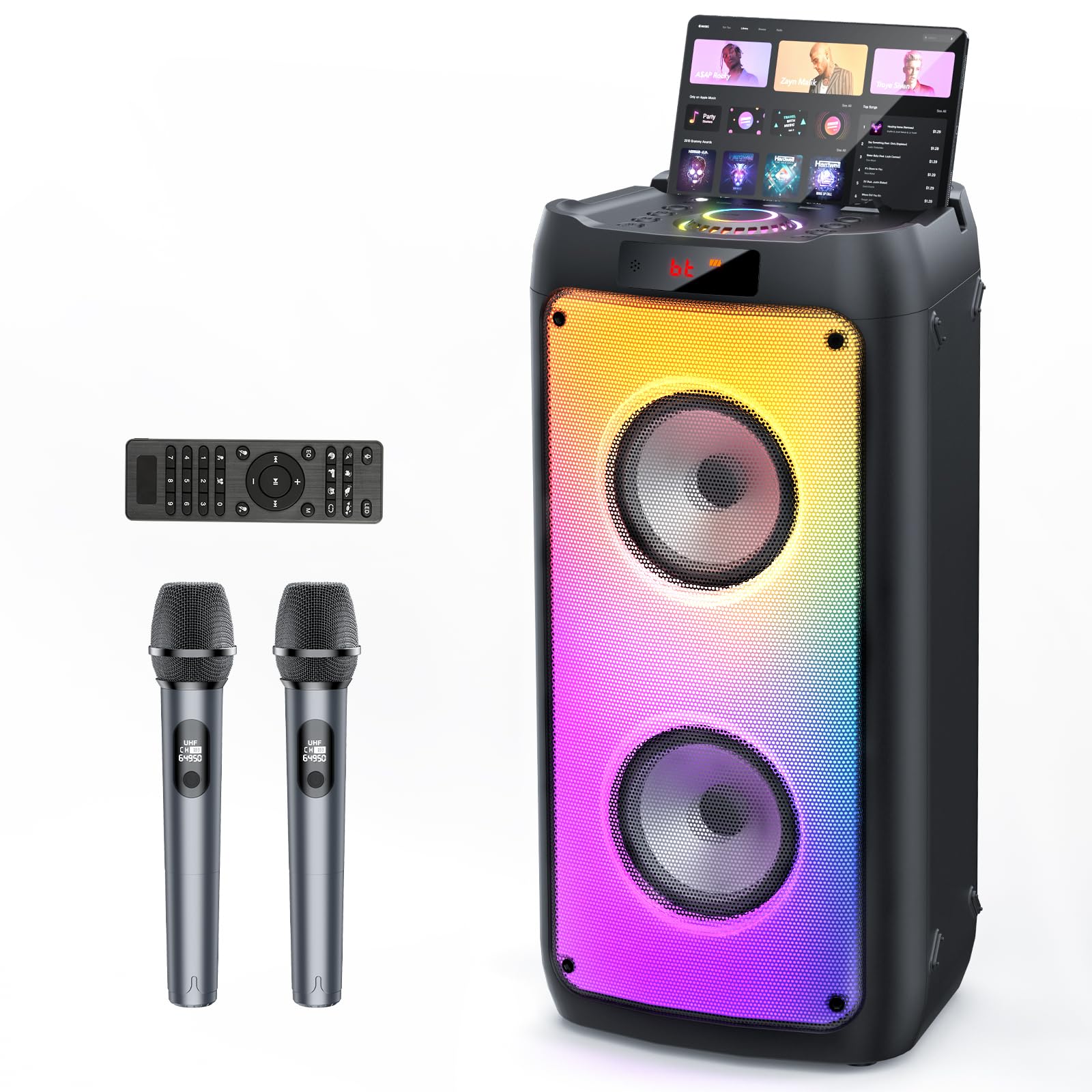 HWWR Karaoke 2 Micrófonos Inalámbricos, Altavoz Karaoke Profesional Bluetooth 5.3, RGB Luces, IPX4 Impermeable, Karaoke Portátil con TF/USB/AUX/TWS para Fiestas, Adultos y Regalos