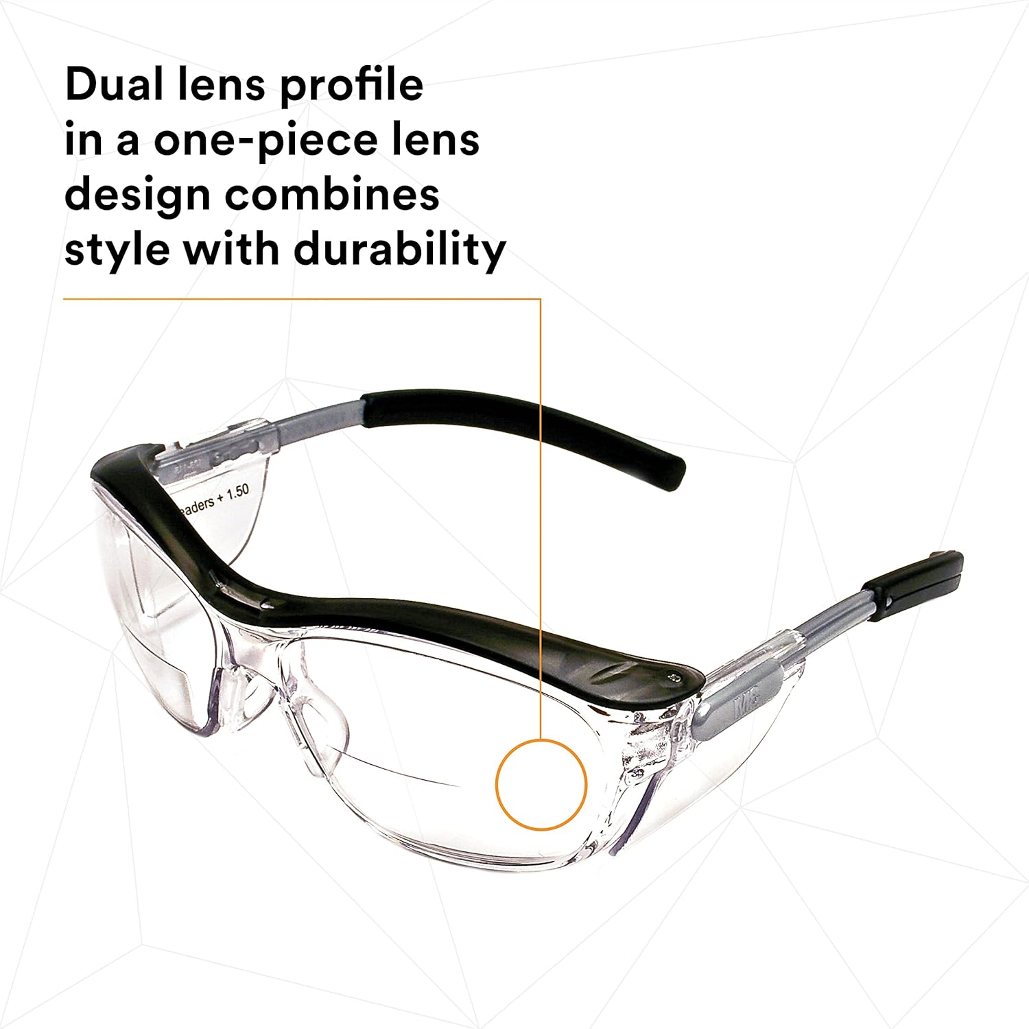 3M Safety Glasses with Readers, Nuvo Protective Eyewear, +1.5, ANSI Z87, Clear Lens, Retro Gray Frame, Soft Nose Bridge, Side Shields