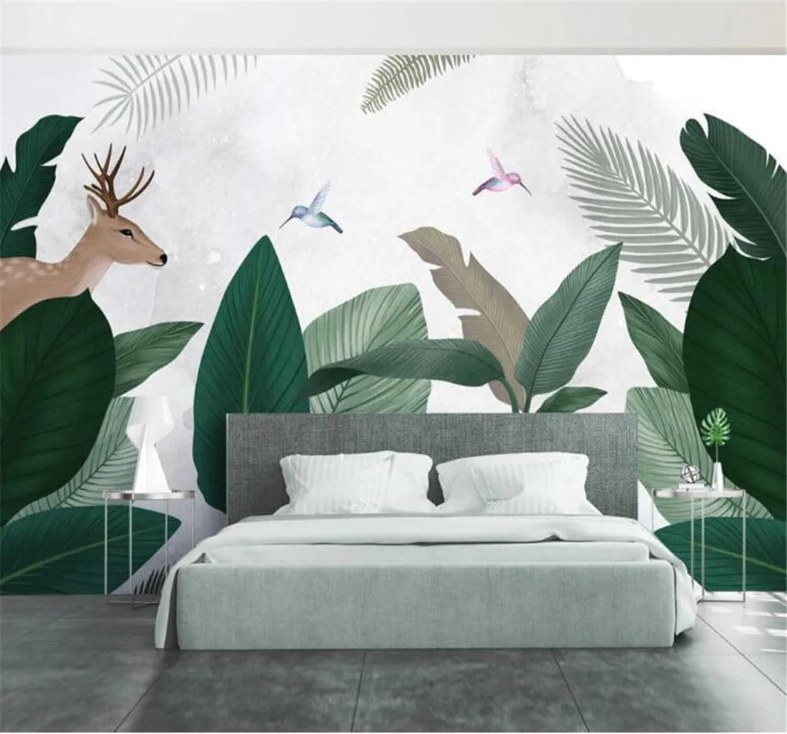 Tzxztt Tropical Plants Green Leaves Hand Drawn Reindeer Modern 3D Wallpaper Premium Textured Silk Neutral Tones Material Ideal for Living Room Bedroom-430cm×300cm