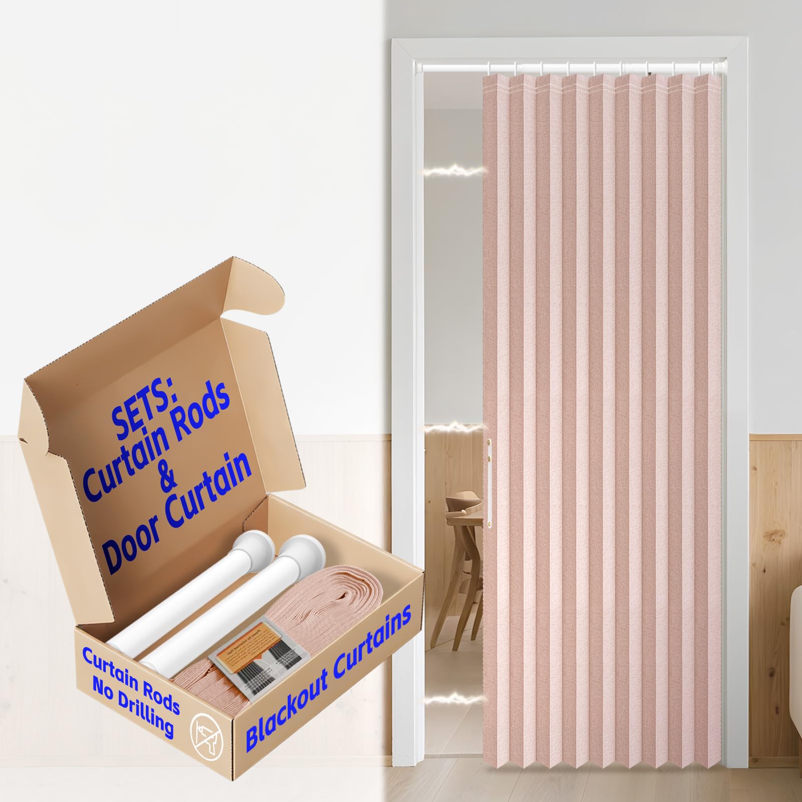 AJAZZ Blackout Curtain with Curtain Rods Adjustable 28-39" Long Invisible Accordion Doors Interior Magnetic Door Curtain Front Door Curtains for Glass Window Sets (1 Pack, 42 W x 78 L,Pink)