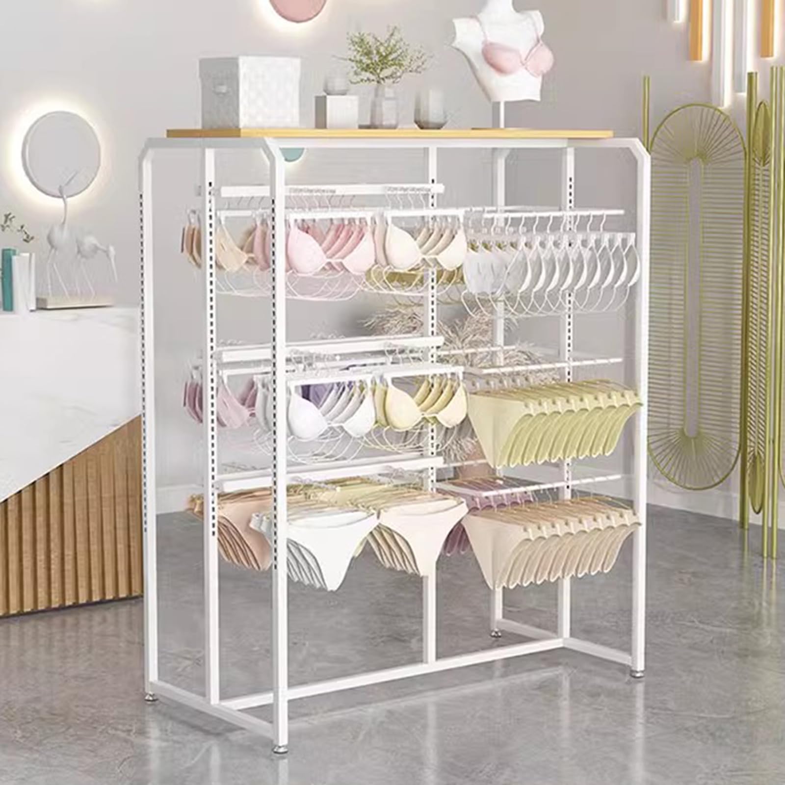 DETMOL Adjustable, double-sided lingerie display stands, storage stands for lingerie, bras, panties and scarves in boutique retail stores, freestanding metal clothes hangers for clothing stores