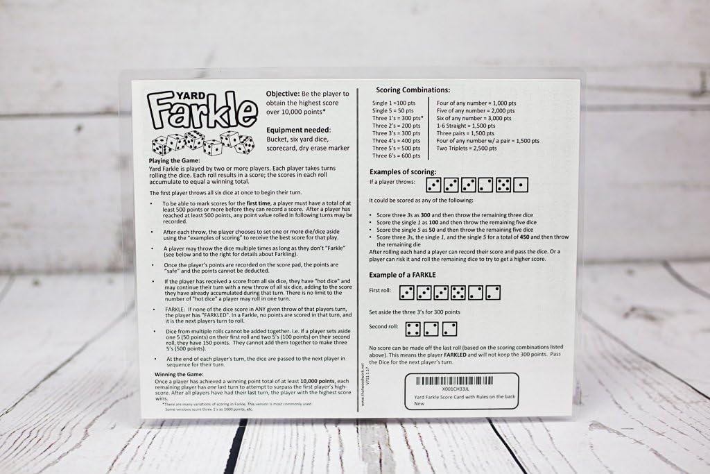 YARD FARKLE SCORE CARDS with Rules on the back- Laminated Farkle Score Card, Reusable Score Card, Size- 8.5" x 11" (FIVE Farkle Score Cards)