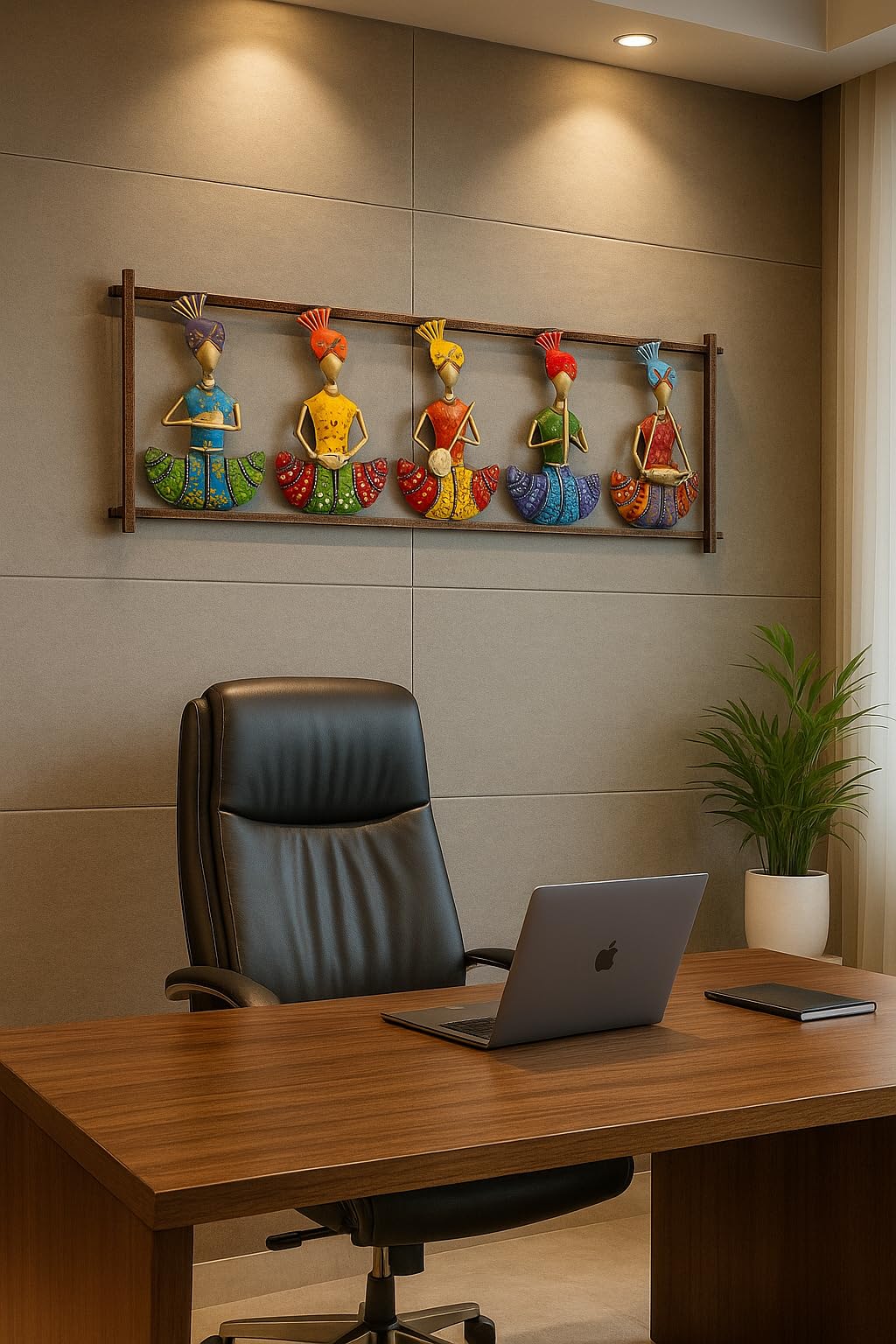 pranjals house Aesthetic Metal Handpainted Rustic Iron Wall Hanging of 5 Rajasthani Musician Art Sculpture for Home Office Wall Decor/Wall Hanging (30 x 10.5 Inches)