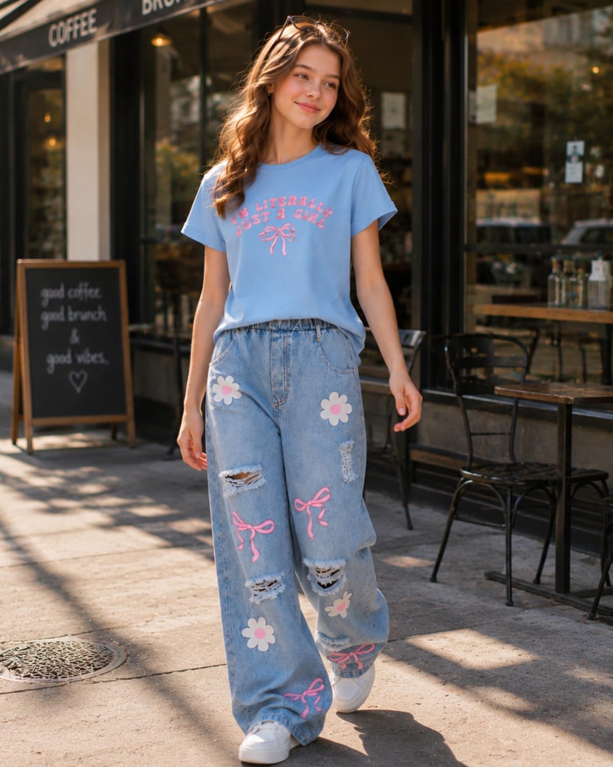 Girls Summer Clothes Short Sleeve Top + Denim Straight Pants, Girls Spring and Fall Outfits, Size 7-16 Years