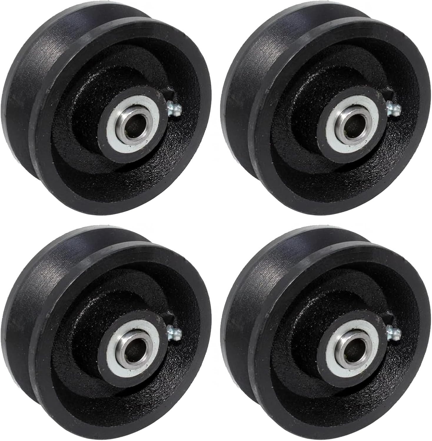 Cast Iron V Groove Wheel Set with Wheel Box, 4 Gate Wheels for Roller Bearing Residential Rolling Gates (4" x 1.5" Gate Wheels)