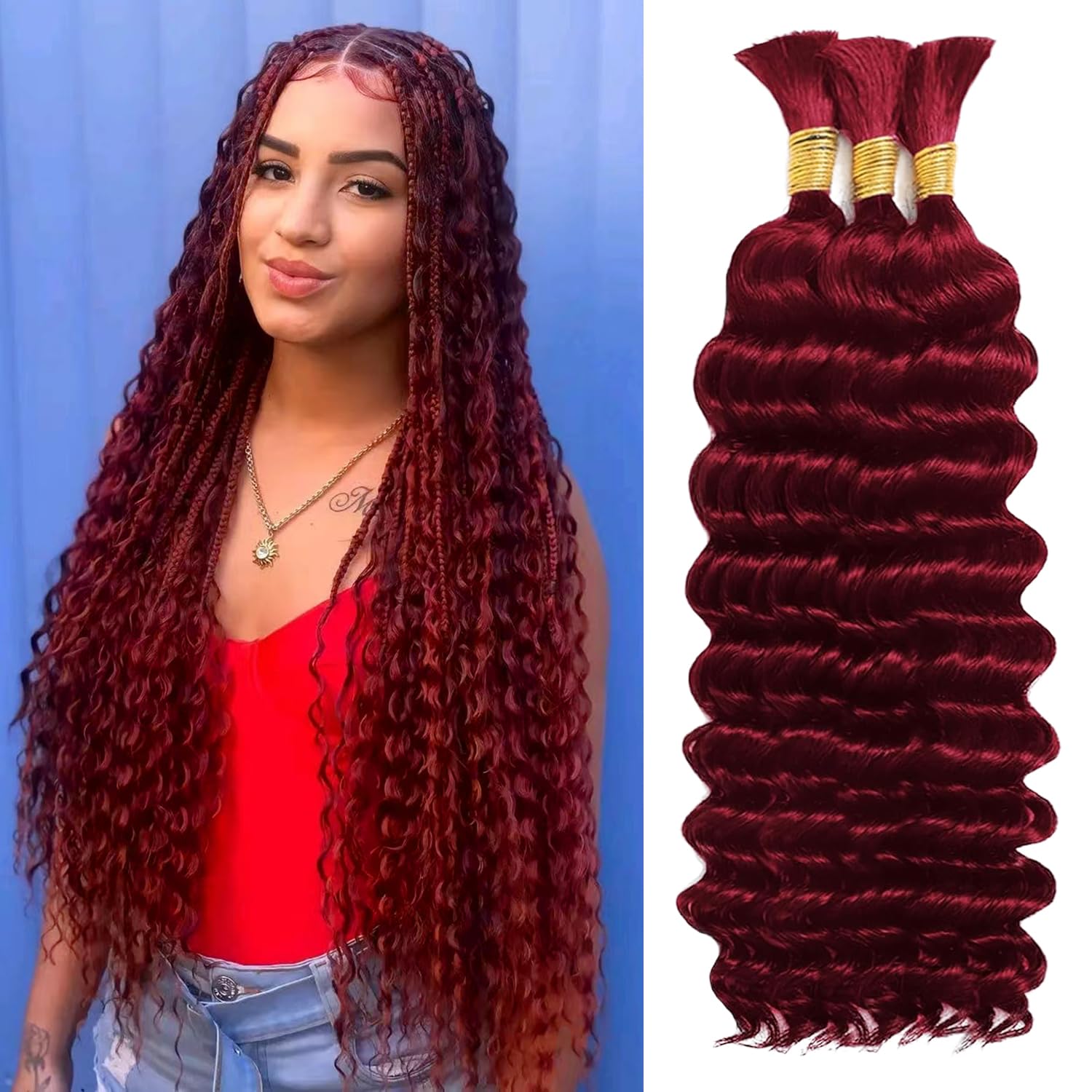 Human Braiding Hair 110g 3 Bundles 16 Inch Deep Wave Bulk Human Hair No Weft Brazilian Virgin Deep Curly Human Hair Extensions Wet and Wavy 99J Burgundy Braiding Hair for Micro Braids