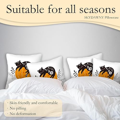 Miniatura 4 de SKYDAWNY Juego de 2 fundas de almohada de 18 x 18 pulgadas con diseño de calabaza y gato negro, fundas decorativas cuadradas suaves para decoración