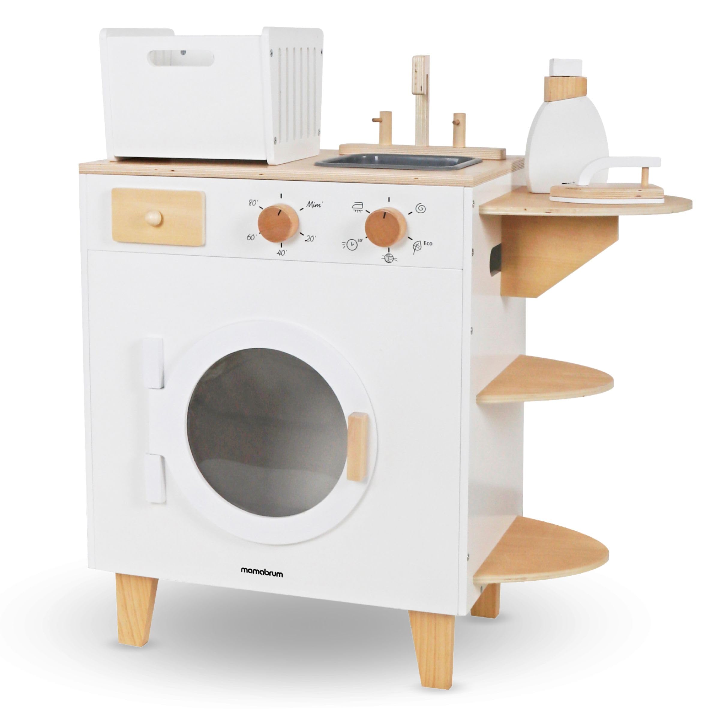 Mamabrum Lavadora Juguete Madera con Tabla Planchar, Cesto y Accesorios - Set Limpieza Juguete para Niños +3 Años - Incluye Escoba y Fregona - 65 x 29,5 x 68 cm
